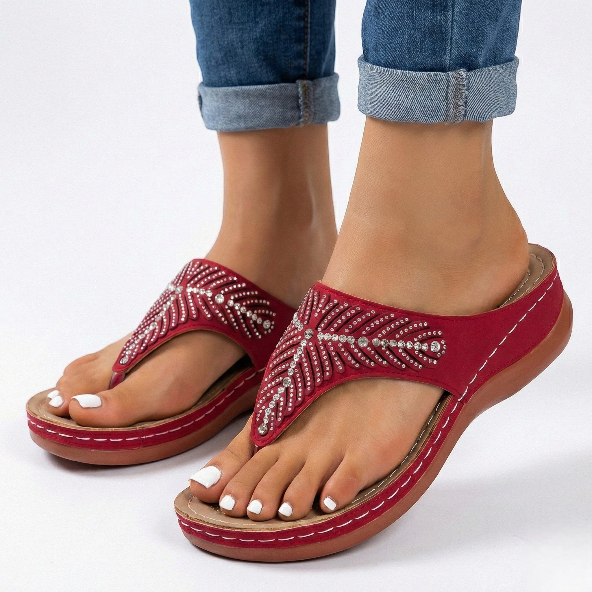 Chloe - Women's Beaded Wedge Sandals - Sandals - Red - Taylor & Bennett