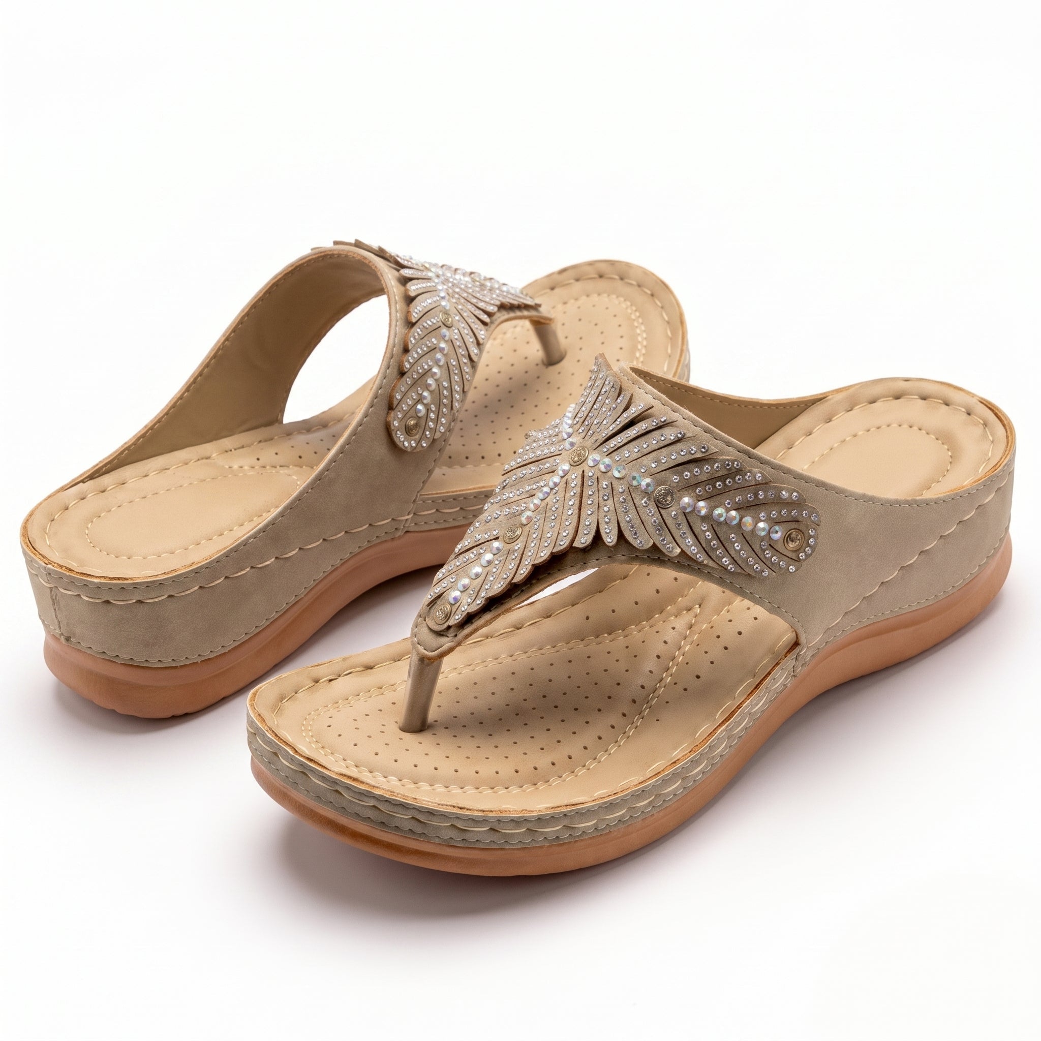Chloe - Women's Beaded Wedge Sandals - Sandals - Beige - Taylor & Bennett