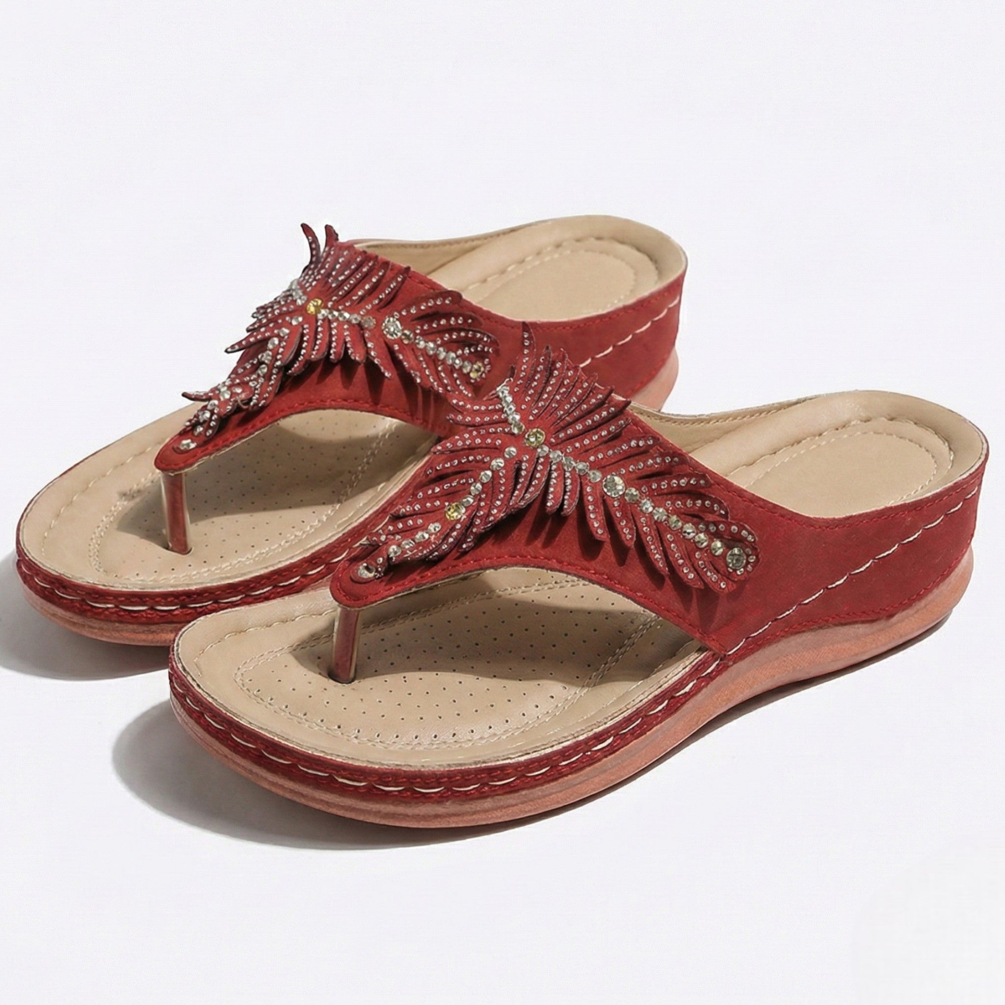 Chloe - Women's Beaded Wedge Sandals - Sandals - Red - Taylor & Bennett