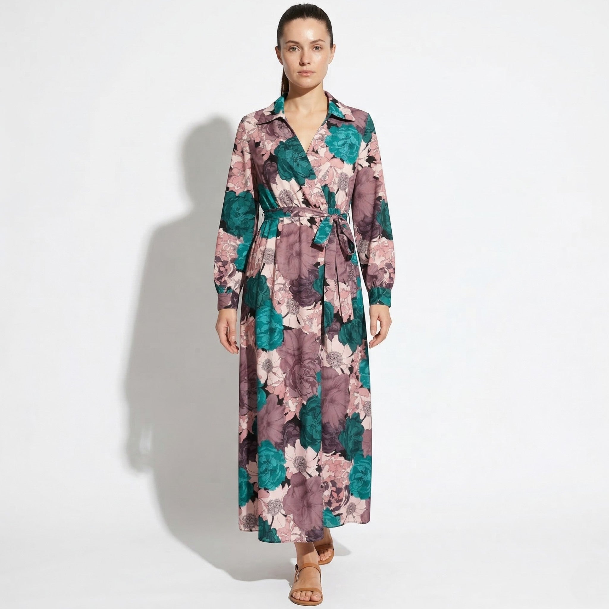 Chloe - Women's Floral Maxi Dress with Waist Tie - Maxi Dress - Dark Green - Taylor & Bennett