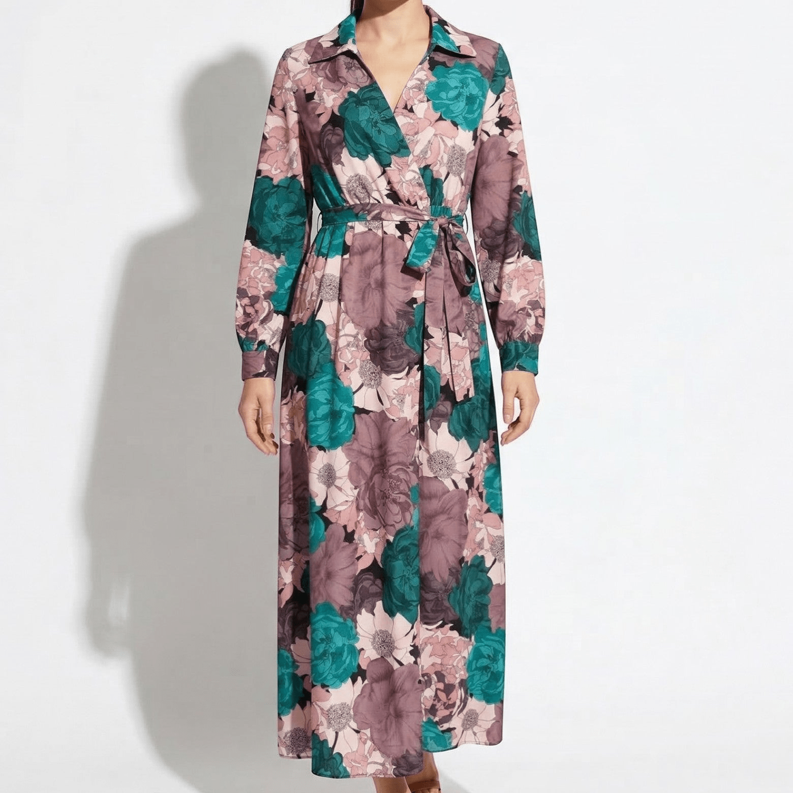 Chloe - Women's Floral Maxi Dress with Waist Tie - Maxi Dress - Dark Green - Taylor & Bennett