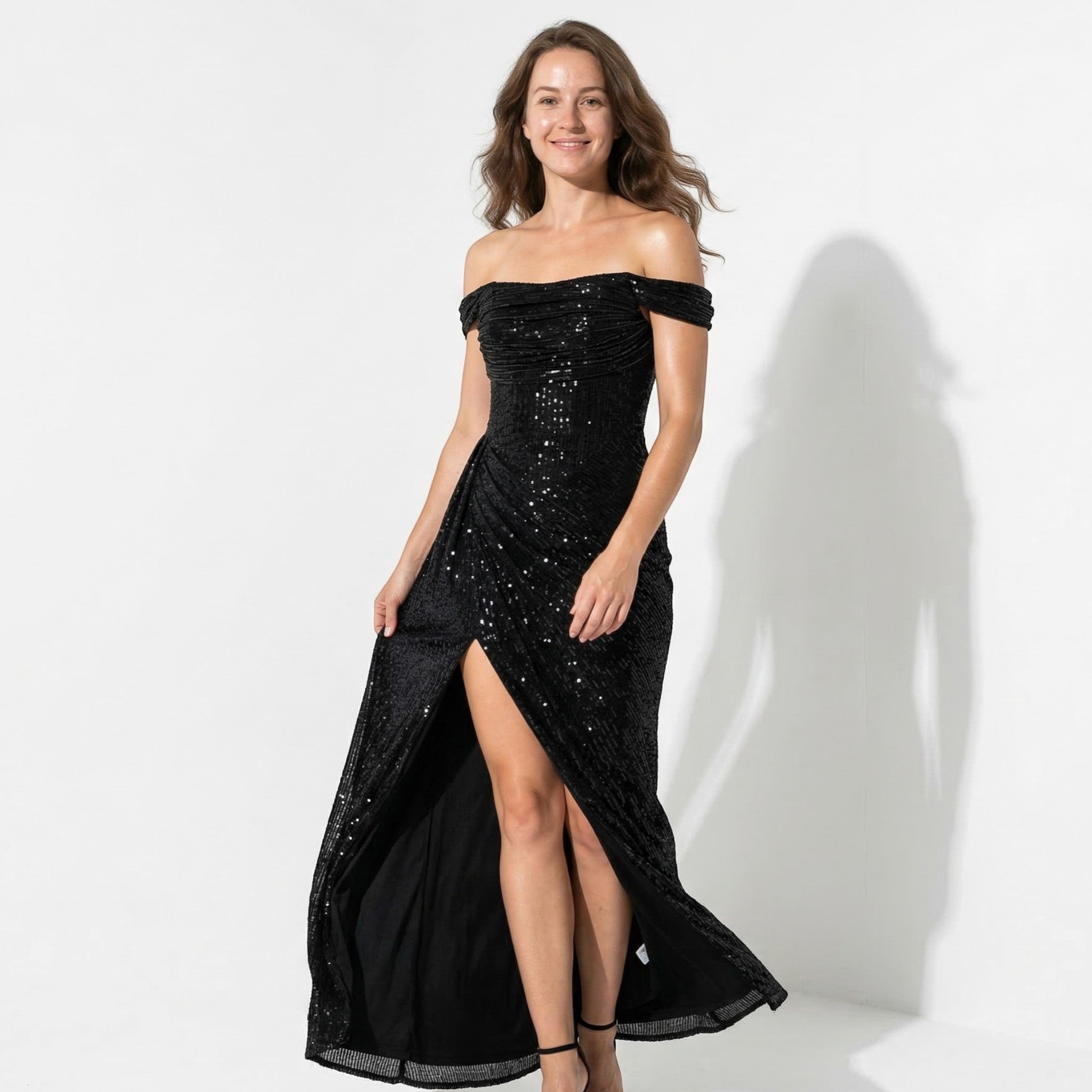 Chloe - Women's Off Shoulder Ruched Maxi Dress with Side Slit - Maxi Dresses - Black - Taylor & Bennett