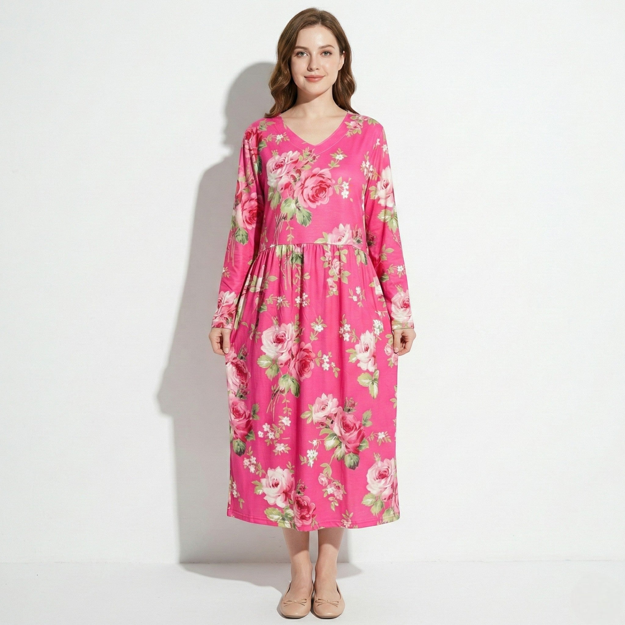Chloe - Women's V - Neck Printed Maxi Dress - Dress - Dark Pink - Taylor & Bennett