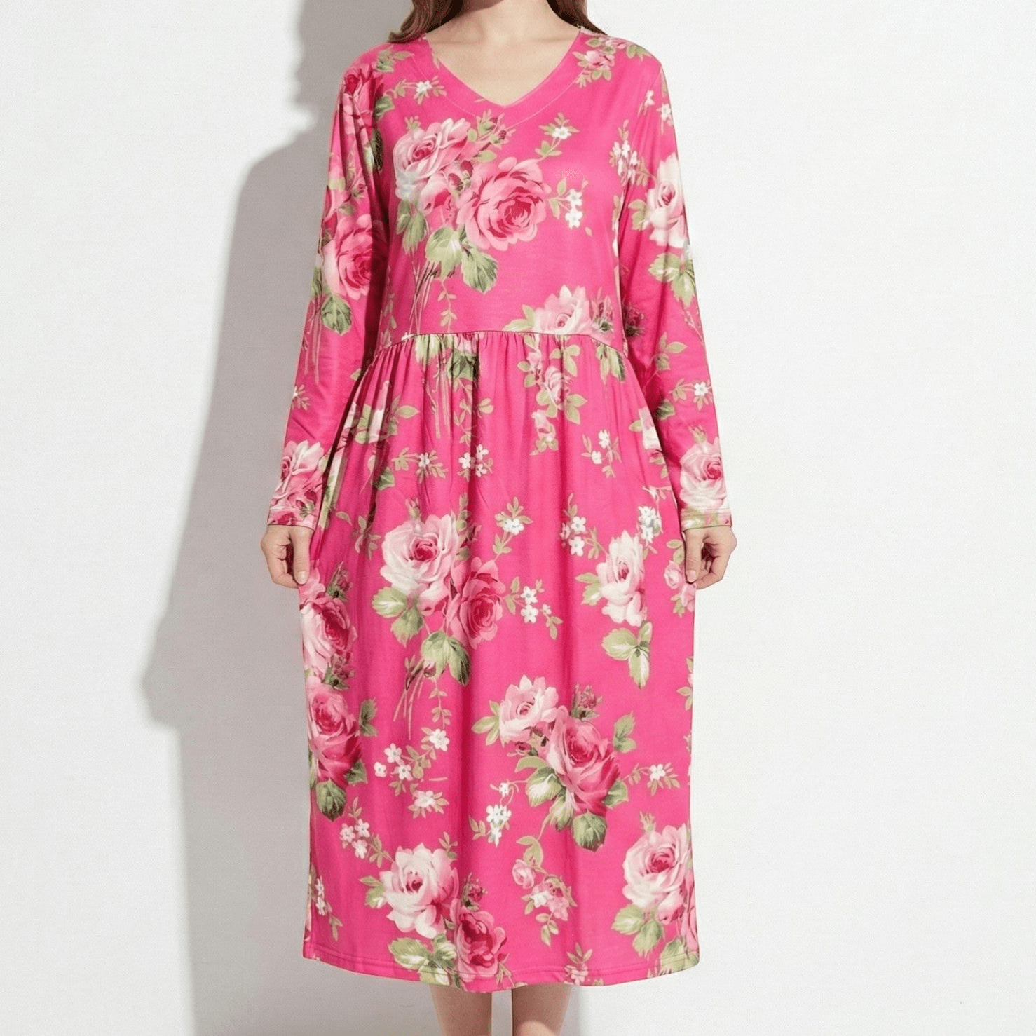 Chloe - Women's V - Neck Printed Maxi Dress - Dress - Dark Pink - Taylor & Bennett