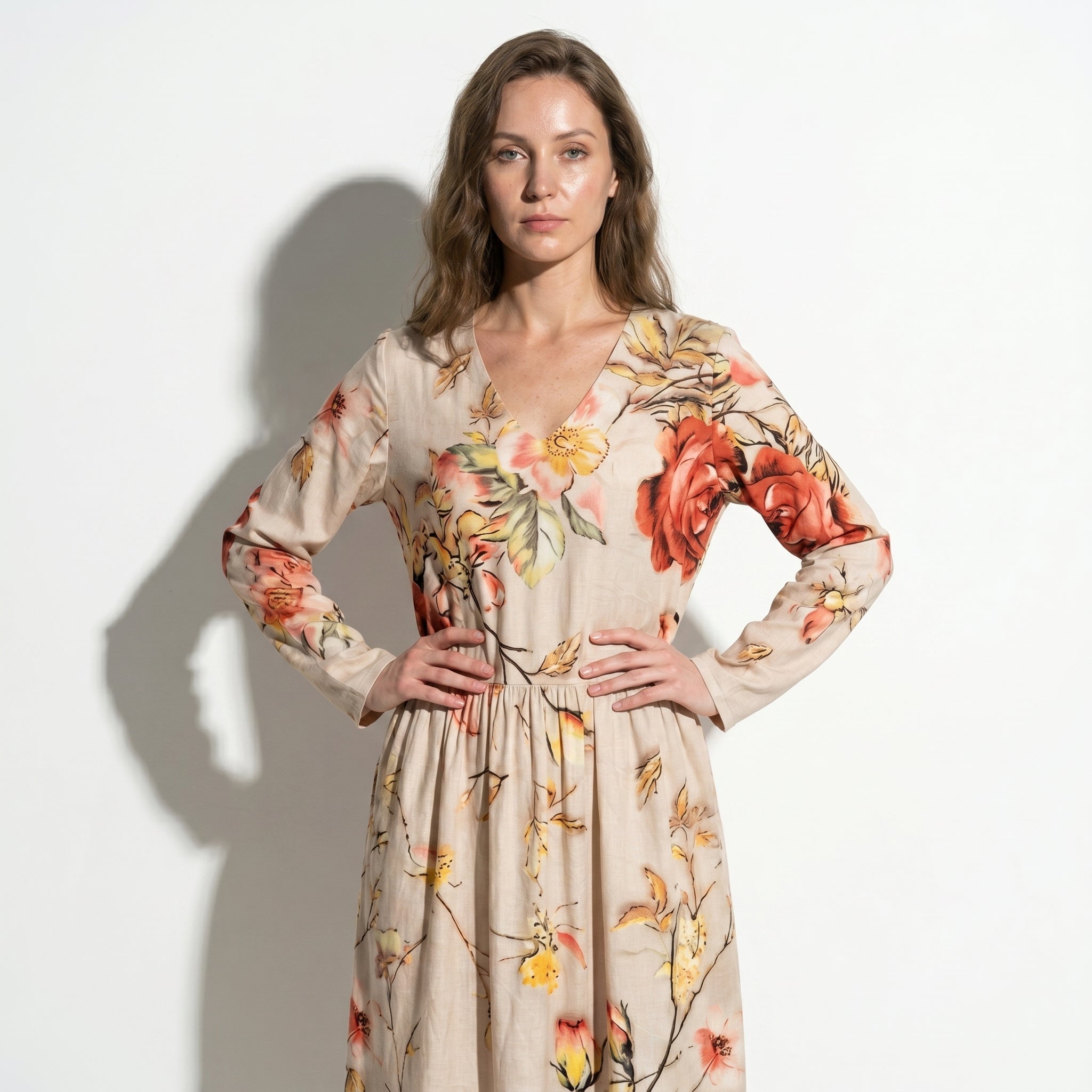 Chloe - Women's V - Neck Printed Maxi Dress - Dress - Beige - Taylor & Bennett