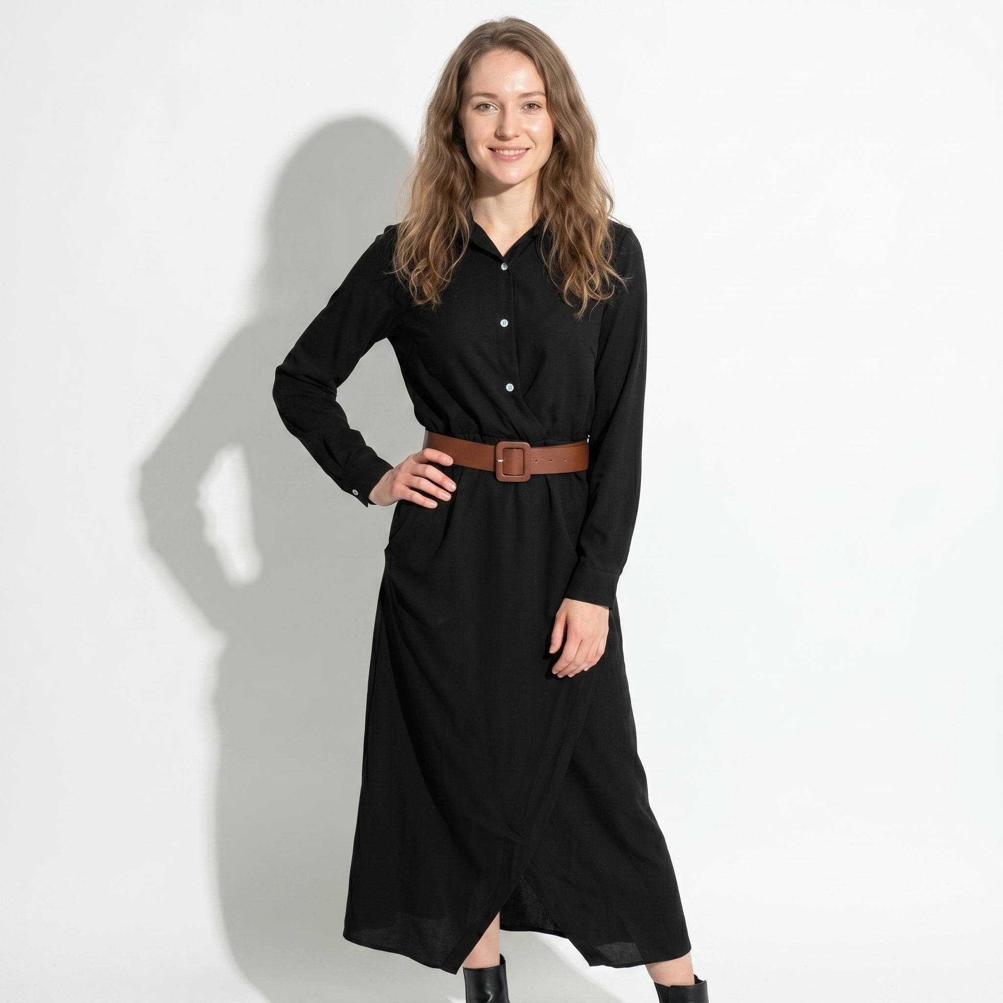Clara - Women's Belted Wrap Maxi Dress - Maxi Dress - Black - Taylor & Bennett