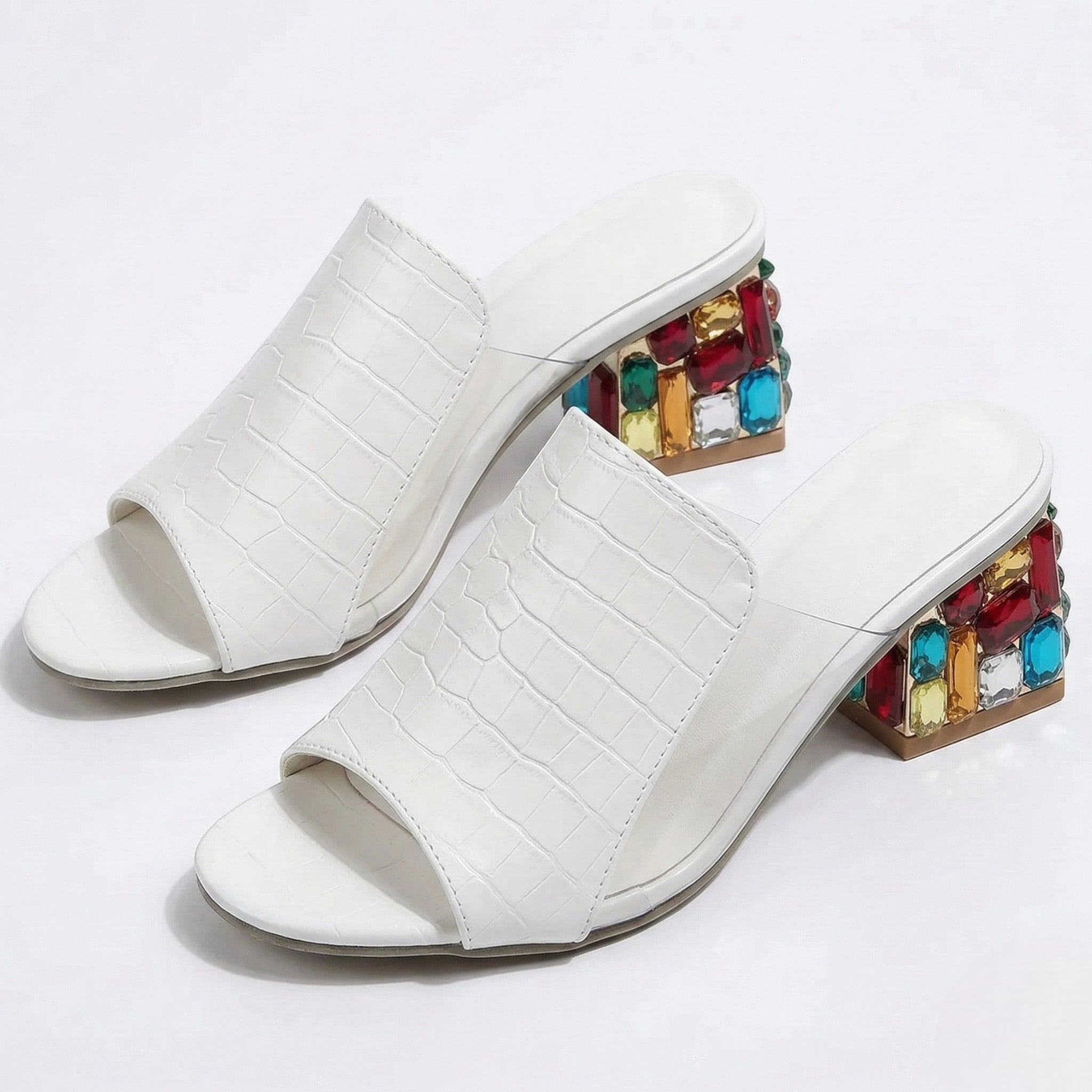 Clara - Women's Block Heel Mules with Multi - Coloured Mosaic Detail - Sandals - White - Taylor & Bennett
