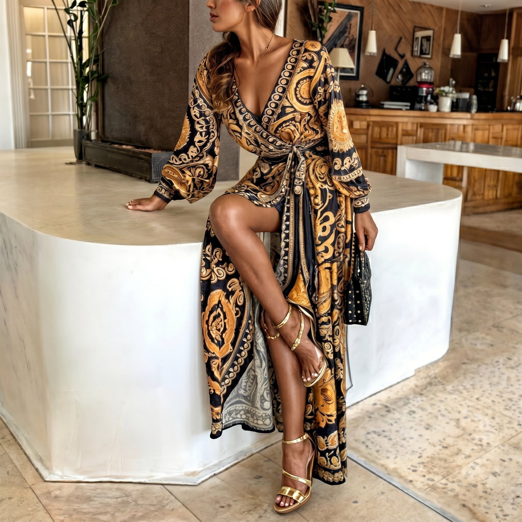 Clara - Women's Boho Baroque Print Evening Wrap Maxi Dress - Maxi Dress - Yellow - Taylor & Bennett