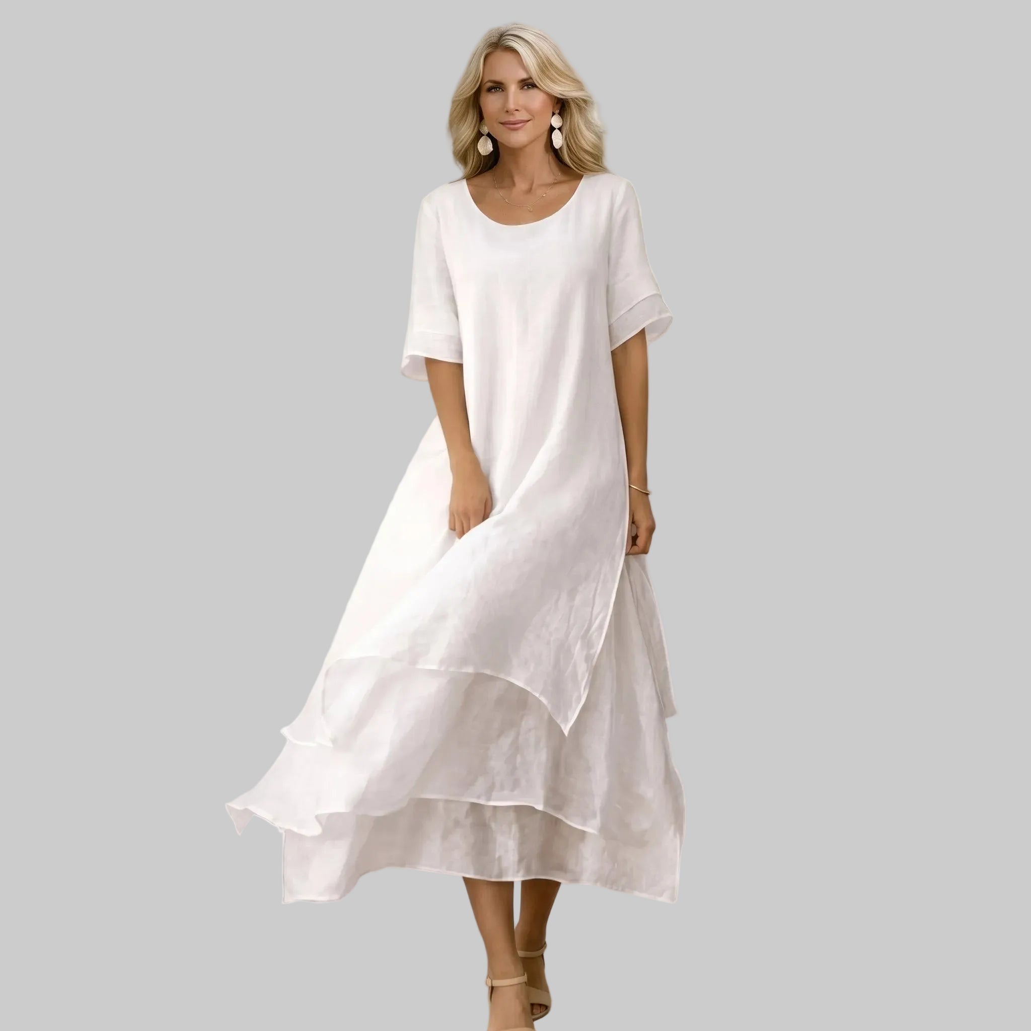 Clara - Women's Casual Layered Scoop Neck Midi Dress - Midi Dress - White - Taylor & Bennett