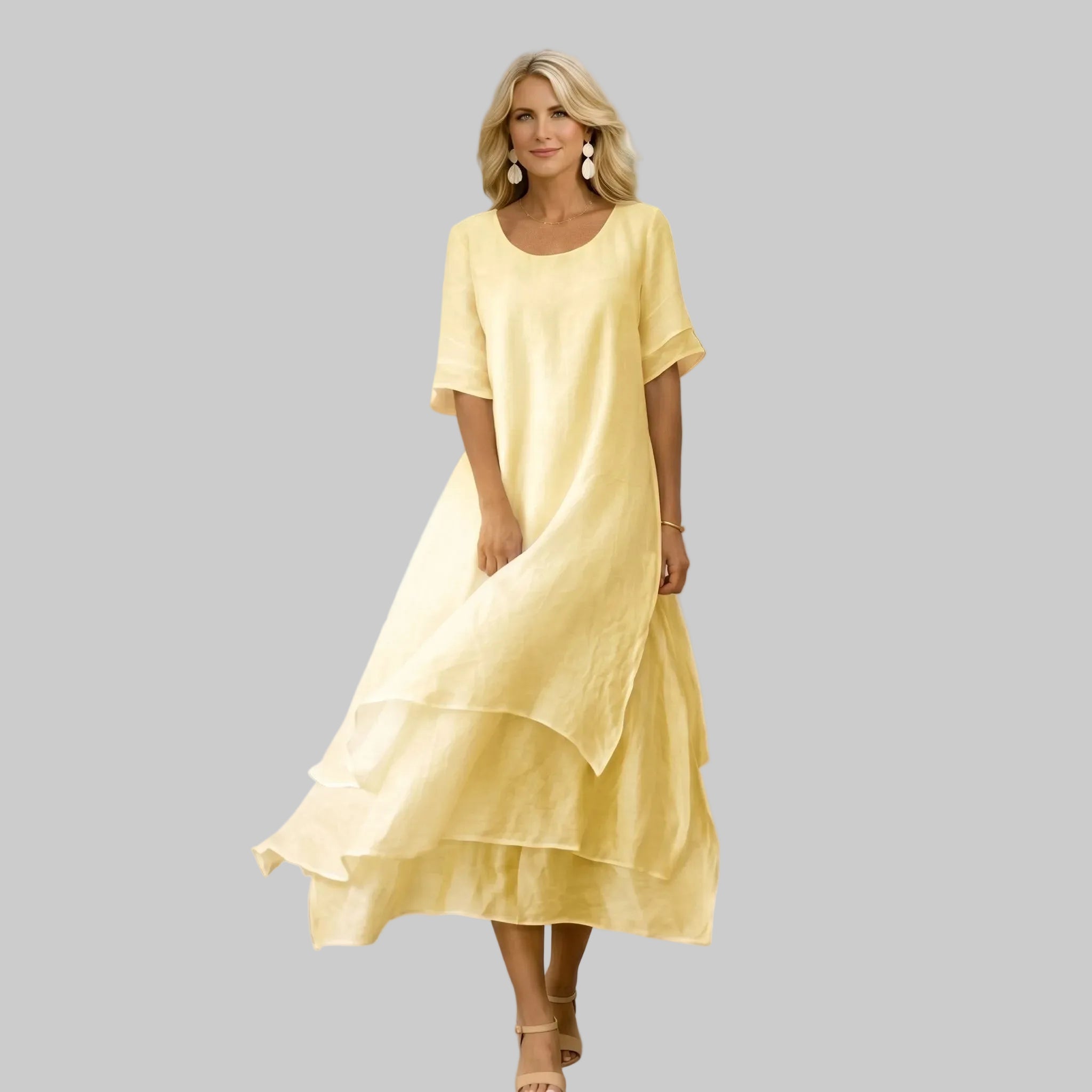 Clara - Women's Casual Layered Scoop Neck Midi Dress - Midi Dress - Yellow - Taylor & Bennett