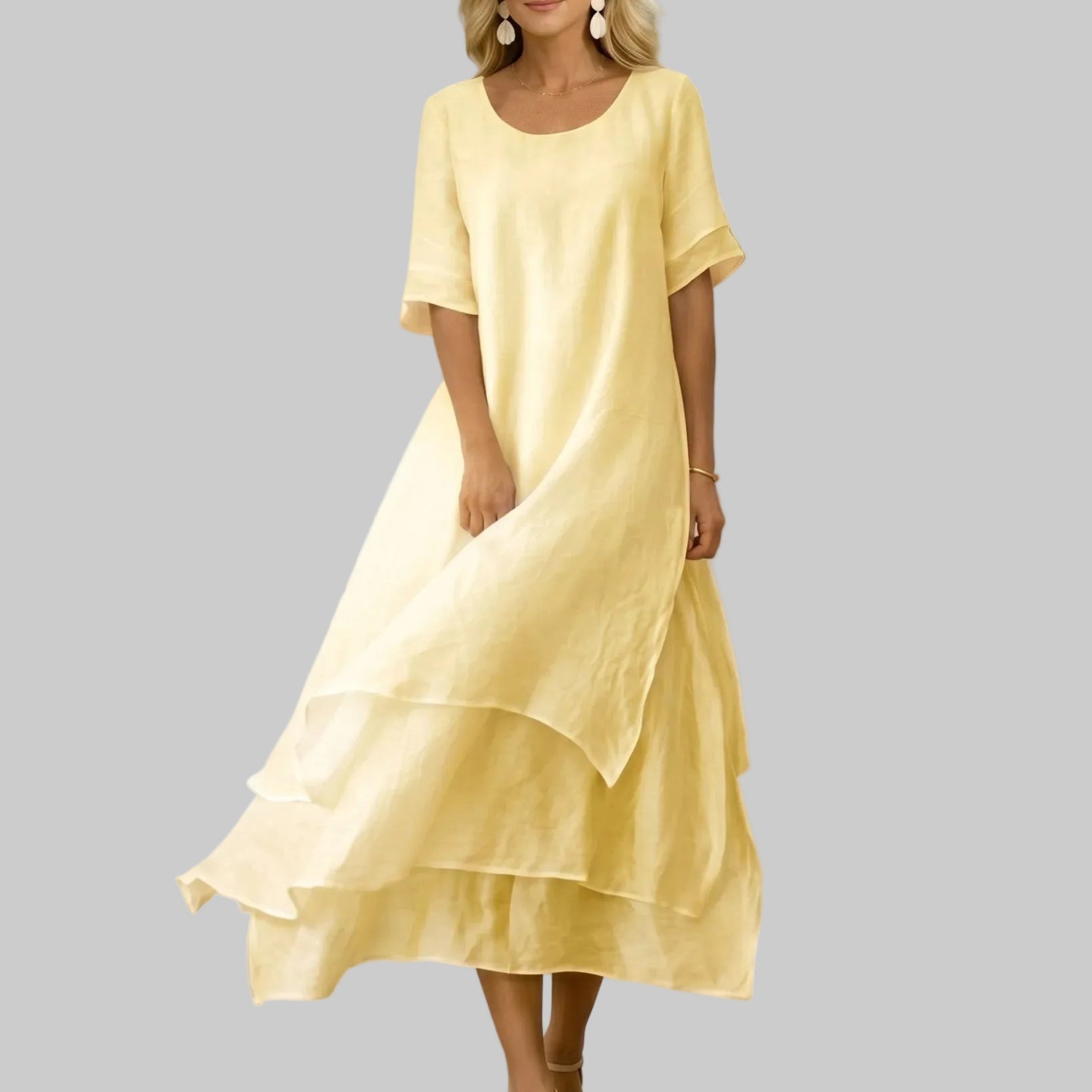 Clara - Women's Casual Layered Scoop Neck Midi Dress - Midi Dress - Yellow - Taylor & Bennett