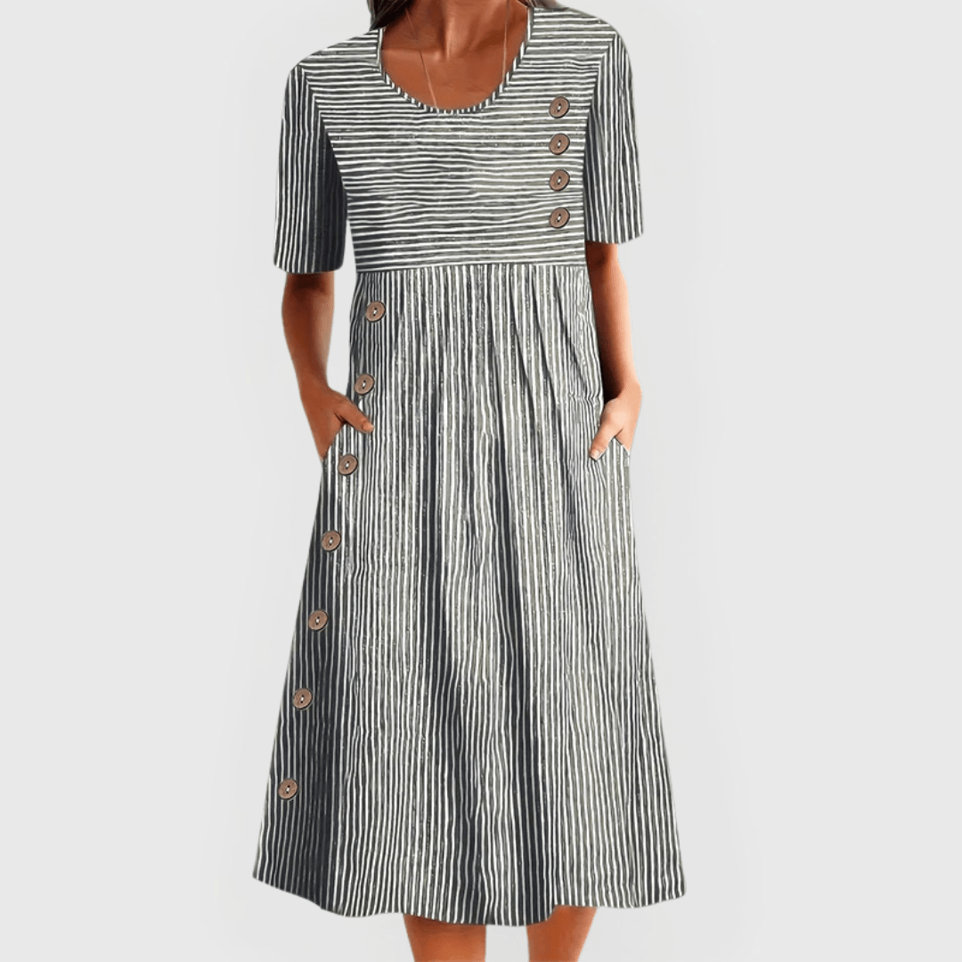 Clara - Women's Casual Striped Button Detail Midi Dress - Midi Dresses - Grey - Taylor & Bennett