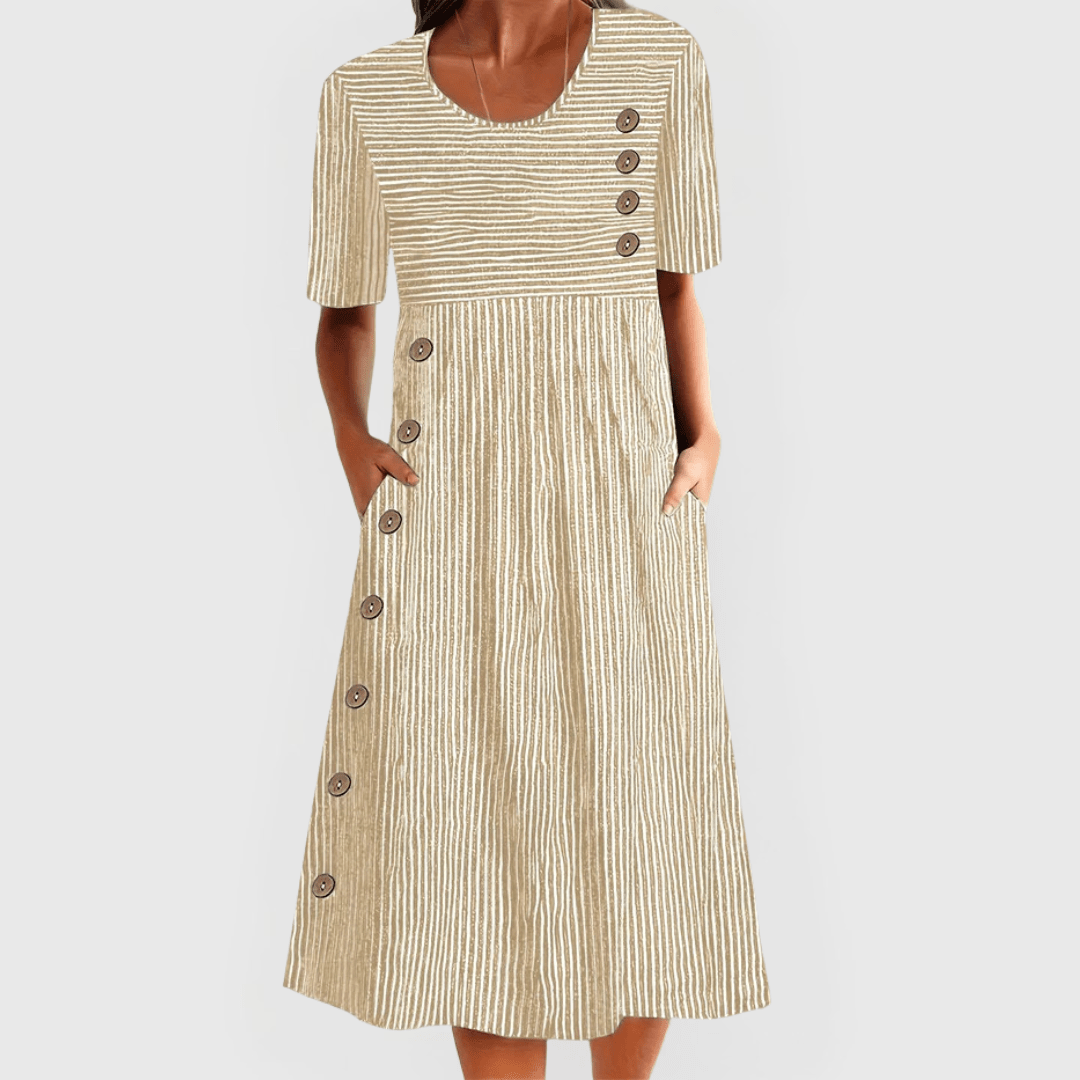 Clara - Women's Casual Striped Button Detail Midi Dress - Midi Dresses - Beige - Taylor & Bennett