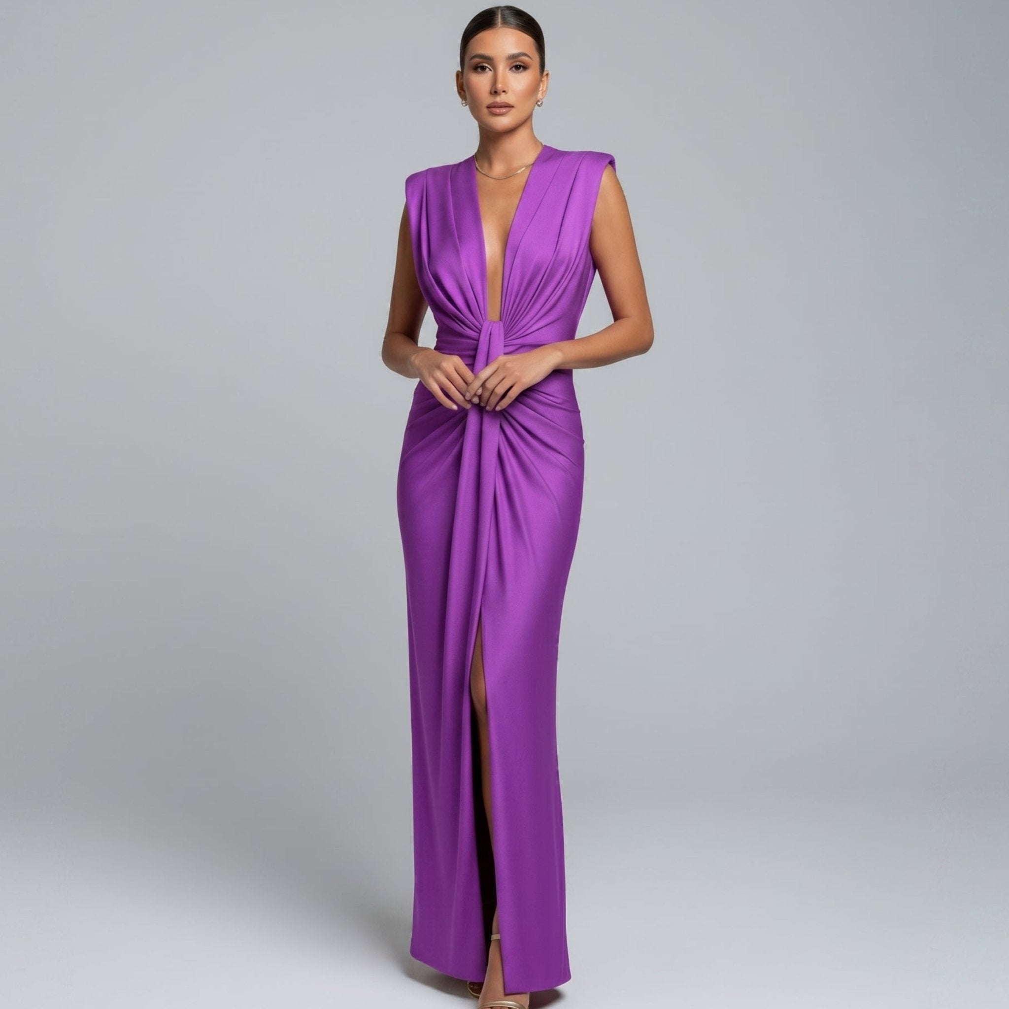 Clara - Women's Elegant Ruched Front Wedding Guest Maxi Dress - Dresses - Purple - Taylor & Bennett