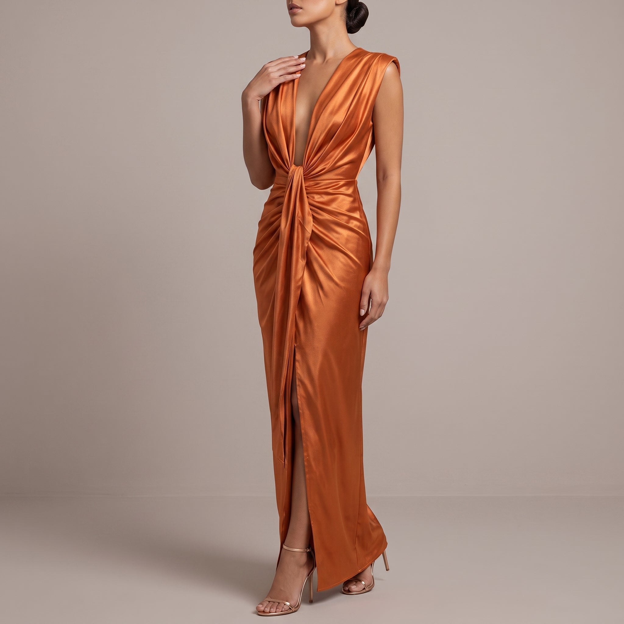 Clara - Women's Elegant Ruched Front Wedding Guest Maxi Dress - Dresses - Orange - Taylor & Bennett