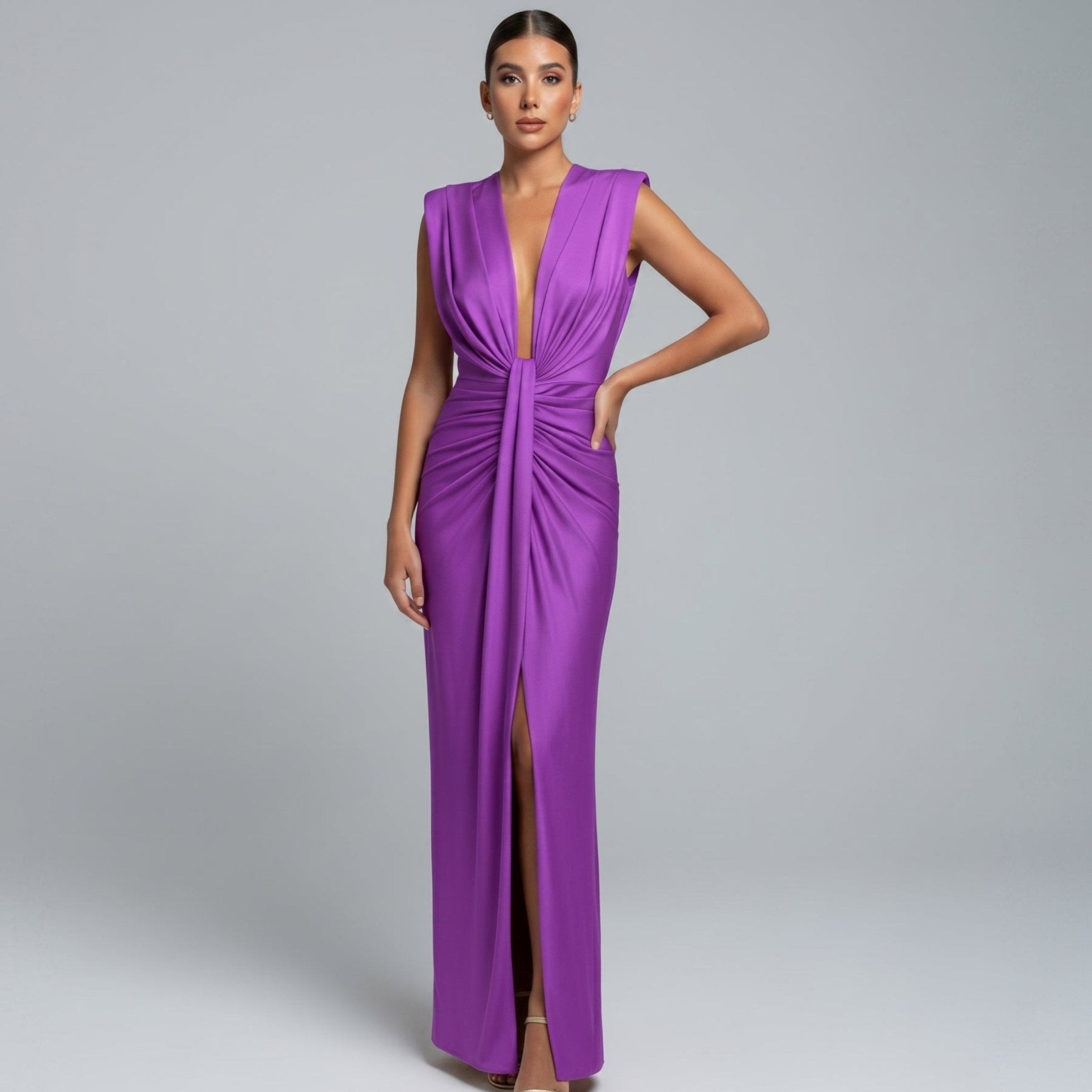 Clara - Women's Elegant Ruched Front Wedding Guest Maxi Dress - Dresses - Purple - Taylor & Bennett