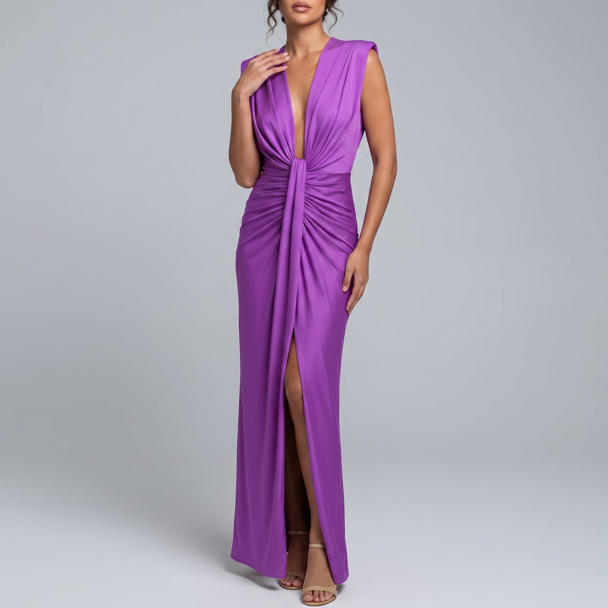 Clara - Women's Elegant Ruched Front Wedding Guest Maxi Dress - Dresses - Purple - Taylor & Bennett