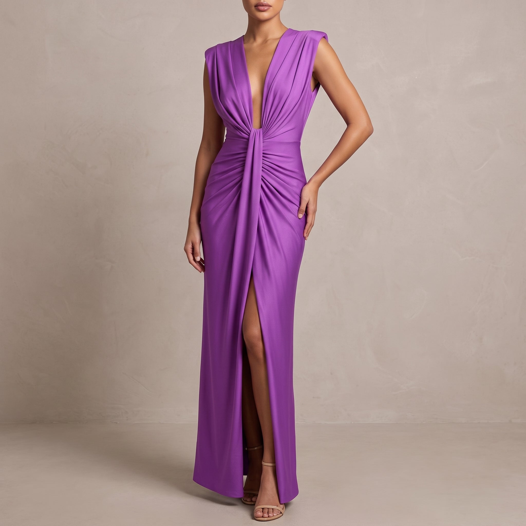 Clara - Women's Elegant Ruched Front Wedding Guest Maxi Dress - Dresses - Purple - Taylor & Bennett
