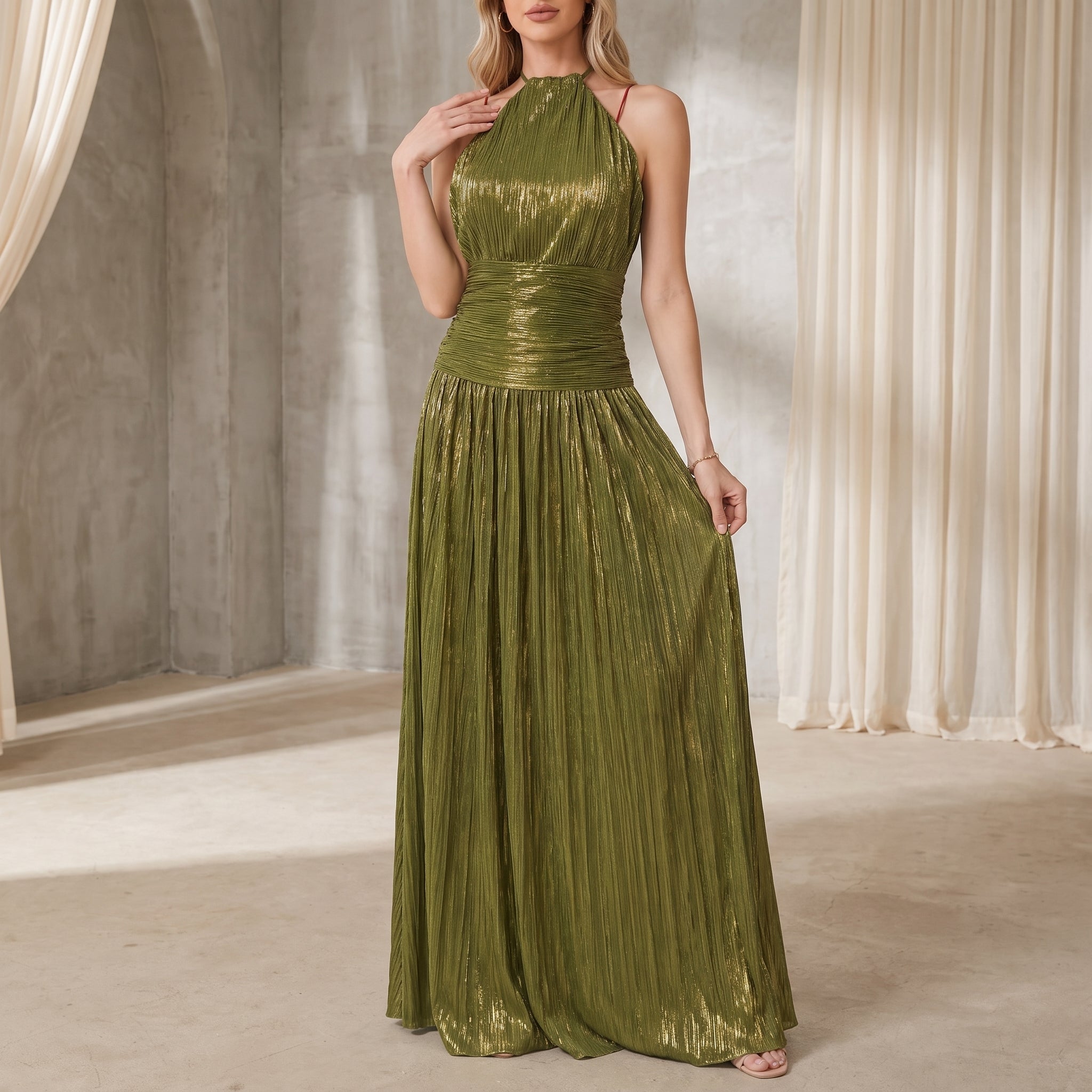 Clara - Women's Evening Metallic Pleated Halter Neck Maxi Dress - Dresses - Green - Taylor & Bennett