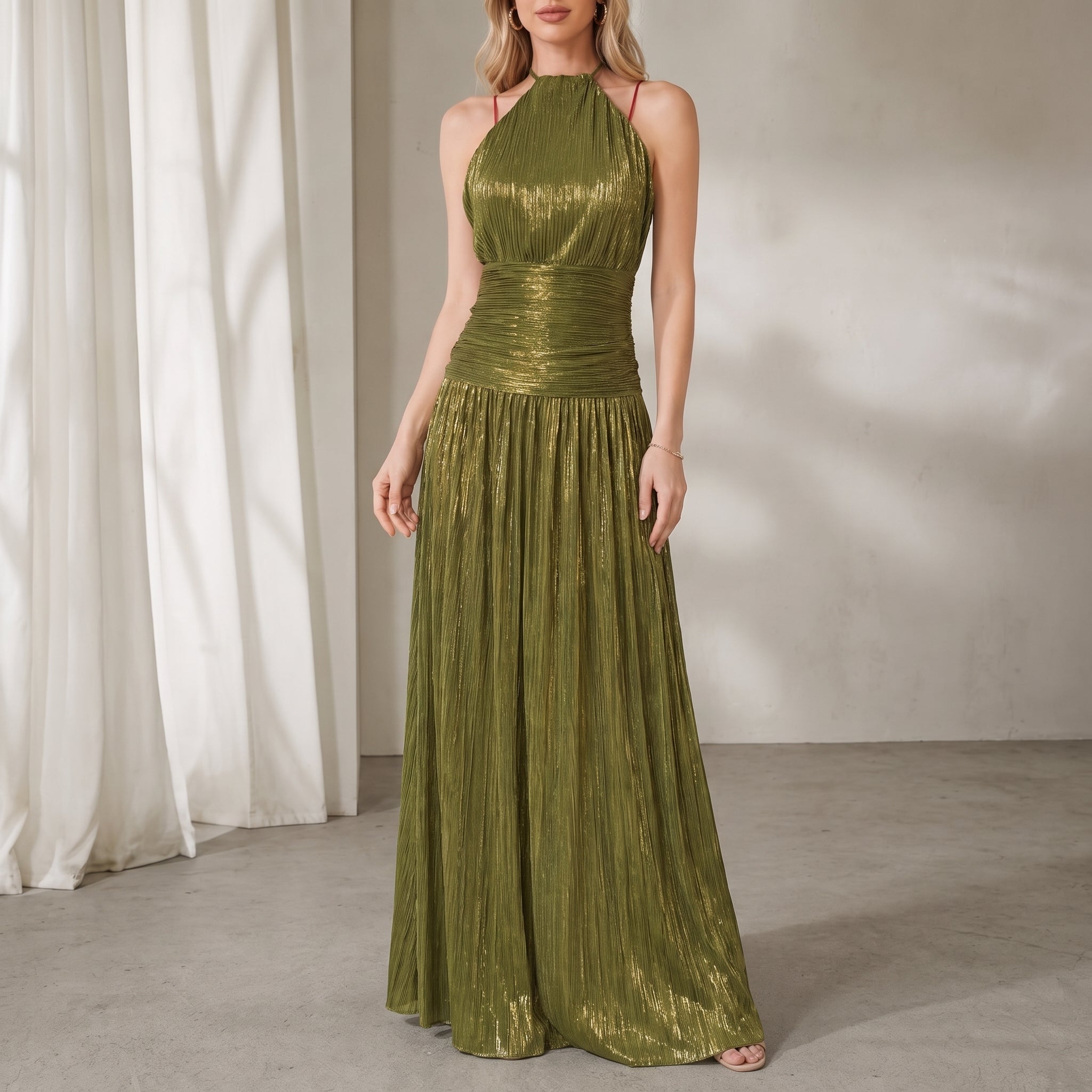 Clara - Women's Evening Metallic Pleated Halter Neck Maxi Dress - Dresses - Green - Taylor & Bennett