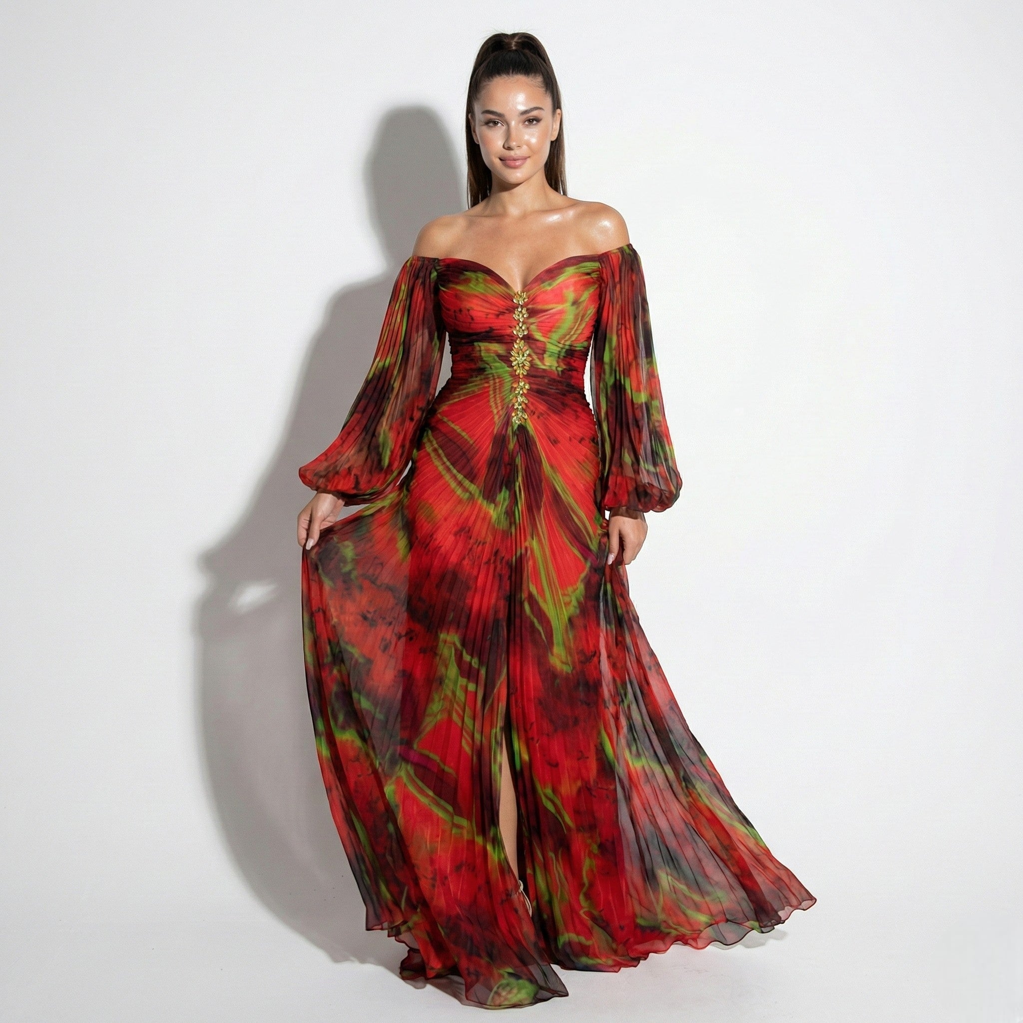 Clara - Women's Maxi Dress with Off Shoulder Pleats - Dresses - Red - Taylor & Bennett