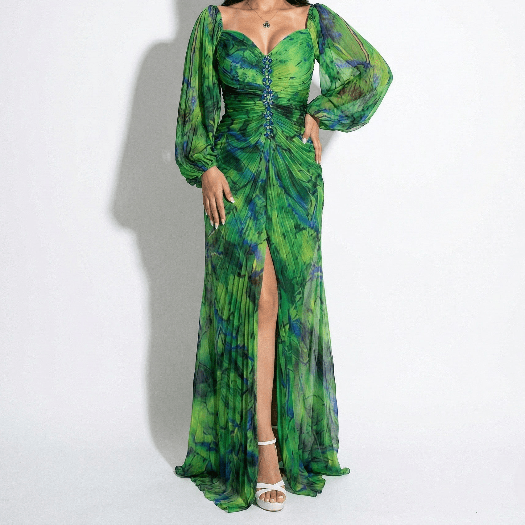 Clara - Women's Maxi Dress with Off Shoulder Pleats - Dresses - Green - Taylor & Bennett