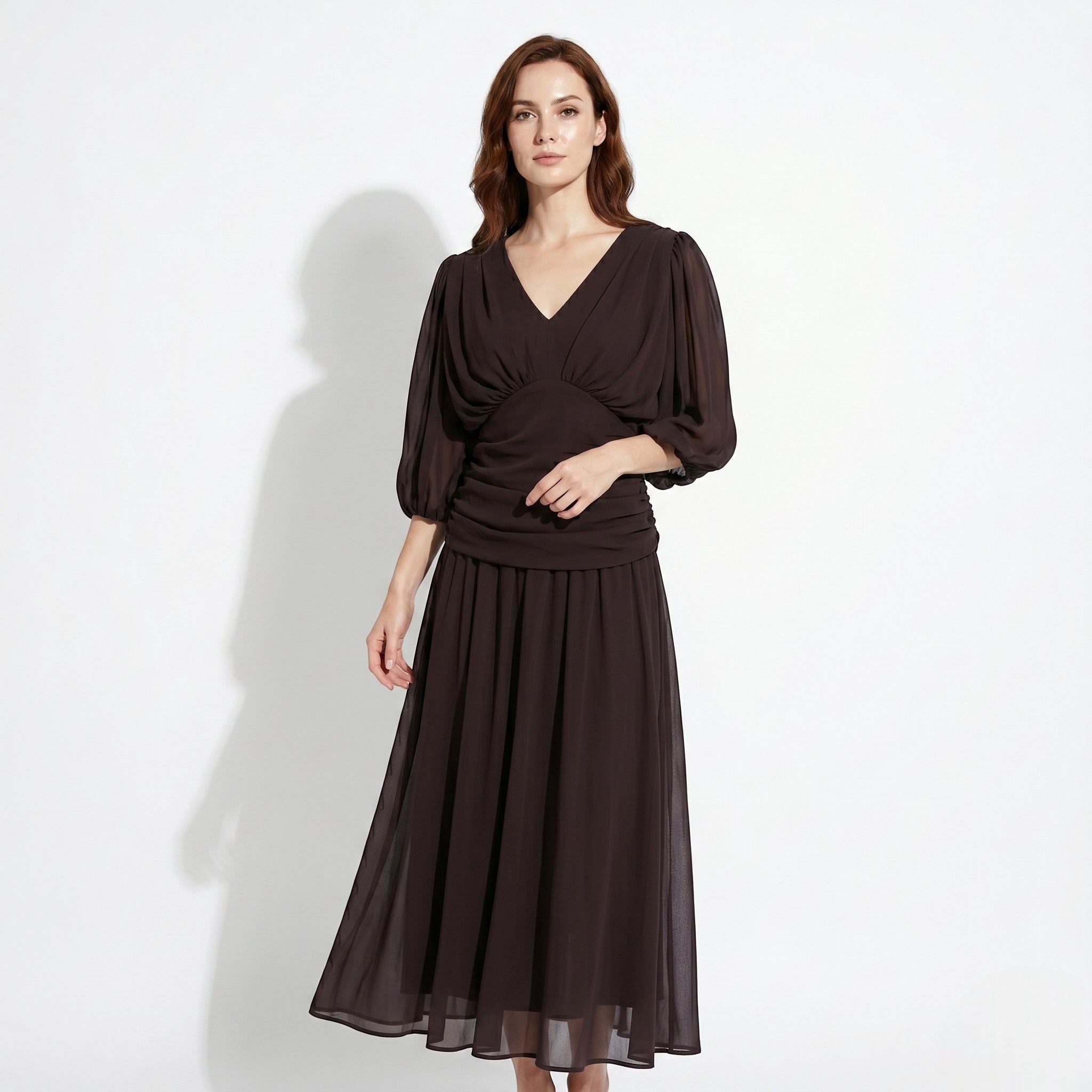 Clara - Women's Off - Shoulder Ruched Evening Maxi Dress - Maxi Dress - Brown - Taylor & Bennett