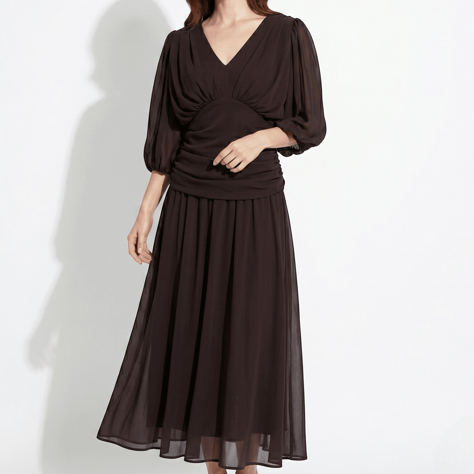 Clara - Women's Off - Shoulder Ruched Evening Maxi Dress - Maxi Dress - Brown - Taylor & Bennett