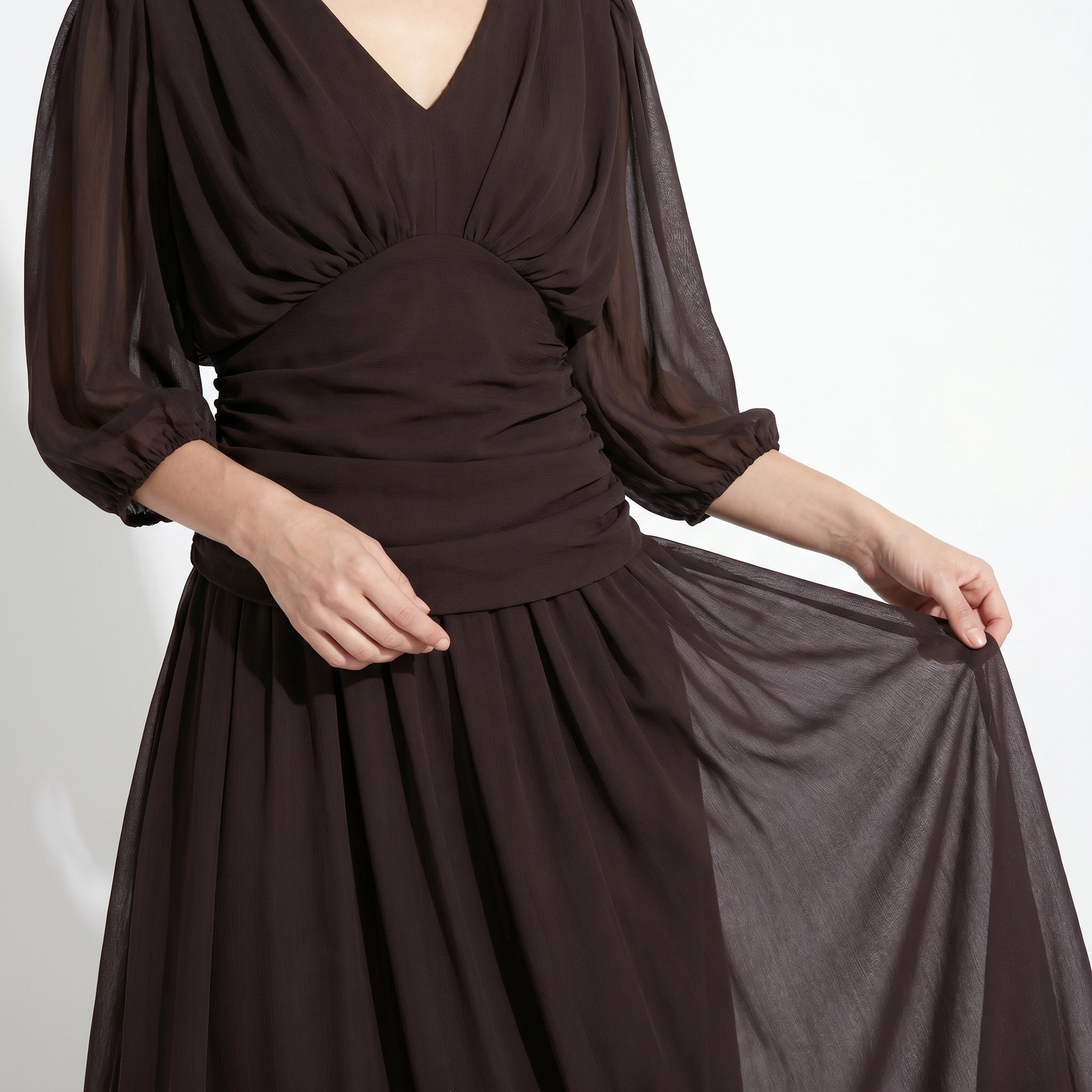 Clara - Women's Off - Shoulder Ruched Evening Maxi Dress - Maxi Dress - Brown - Taylor & Bennett