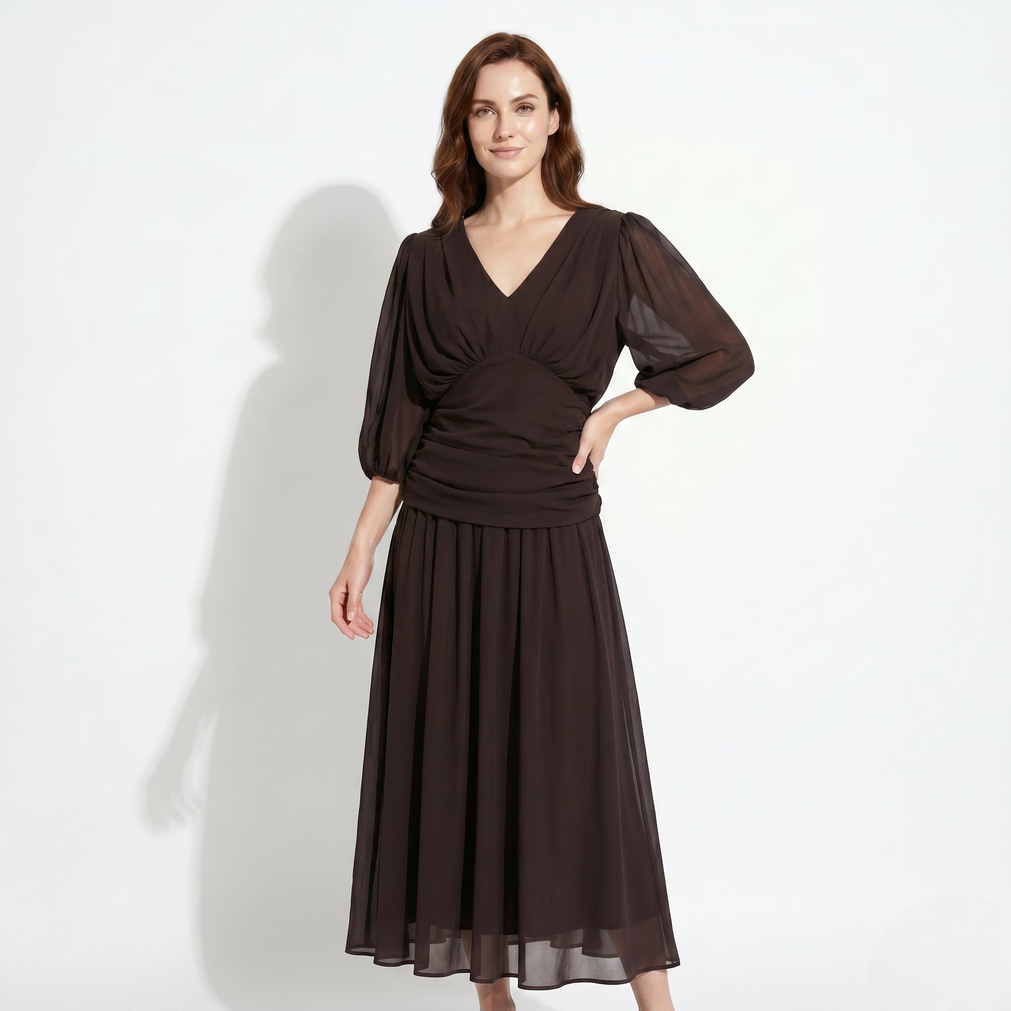 Clara - Women's Off - Shoulder Ruched Evening Maxi Dress - Maxi Dress - Brown - Taylor & Bennett