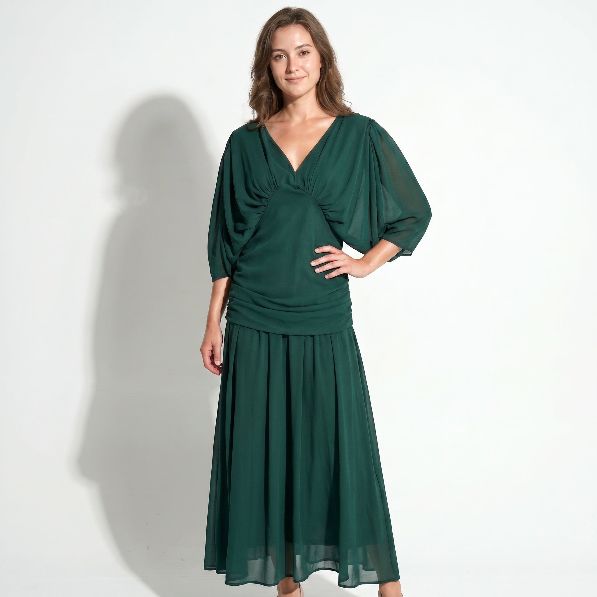 Clara - Women's Off - Shoulder Ruched Evening Maxi Dress - Maxi Dress - Green - Taylor & Bennett