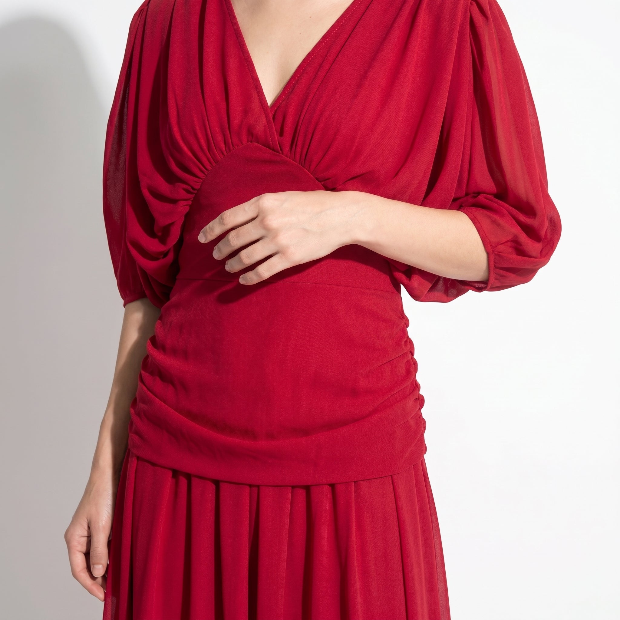 Clara - Women's Off - Shoulder Ruched Evening Maxi Dress - Maxi Dress - Red - Taylor & Bennett