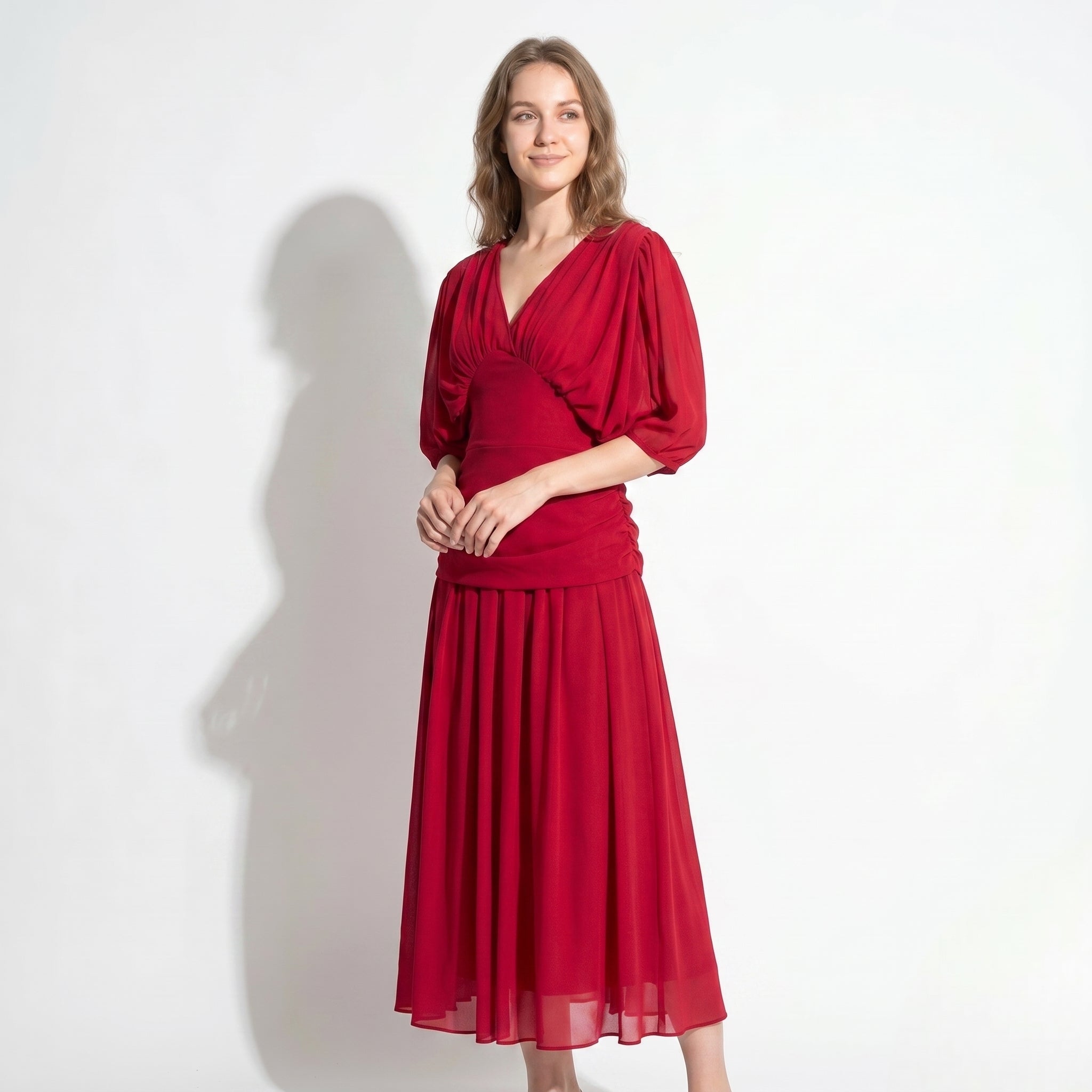 Clara - Women's Off - Shoulder Ruched Evening Maxi Dress - Maxi Dress - Red - Taylor & Bennett