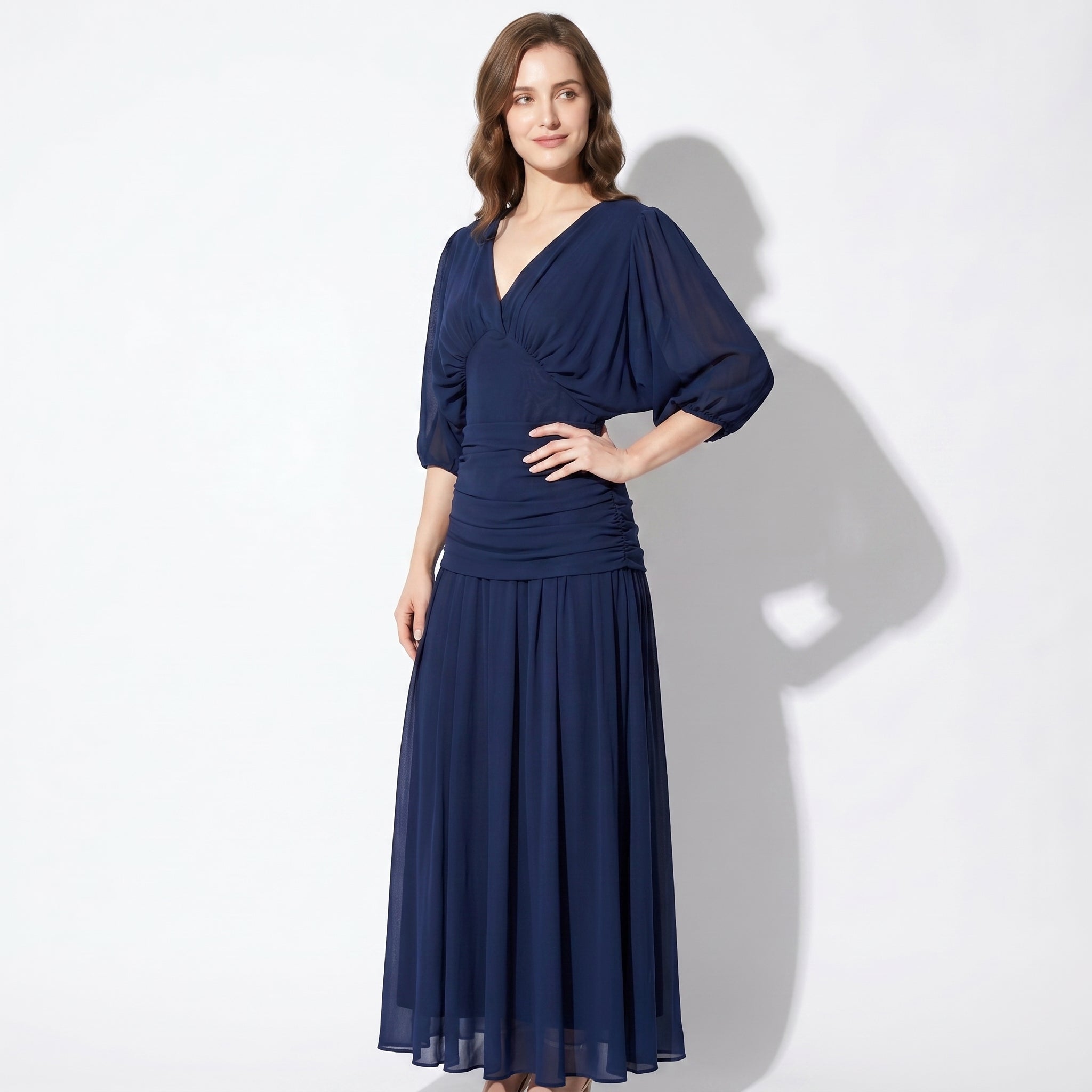 Clara - Women's Off - Shoulder Ruched Evening Maxi Dress - Maxi Dress - Blue - Taylor & Bennett