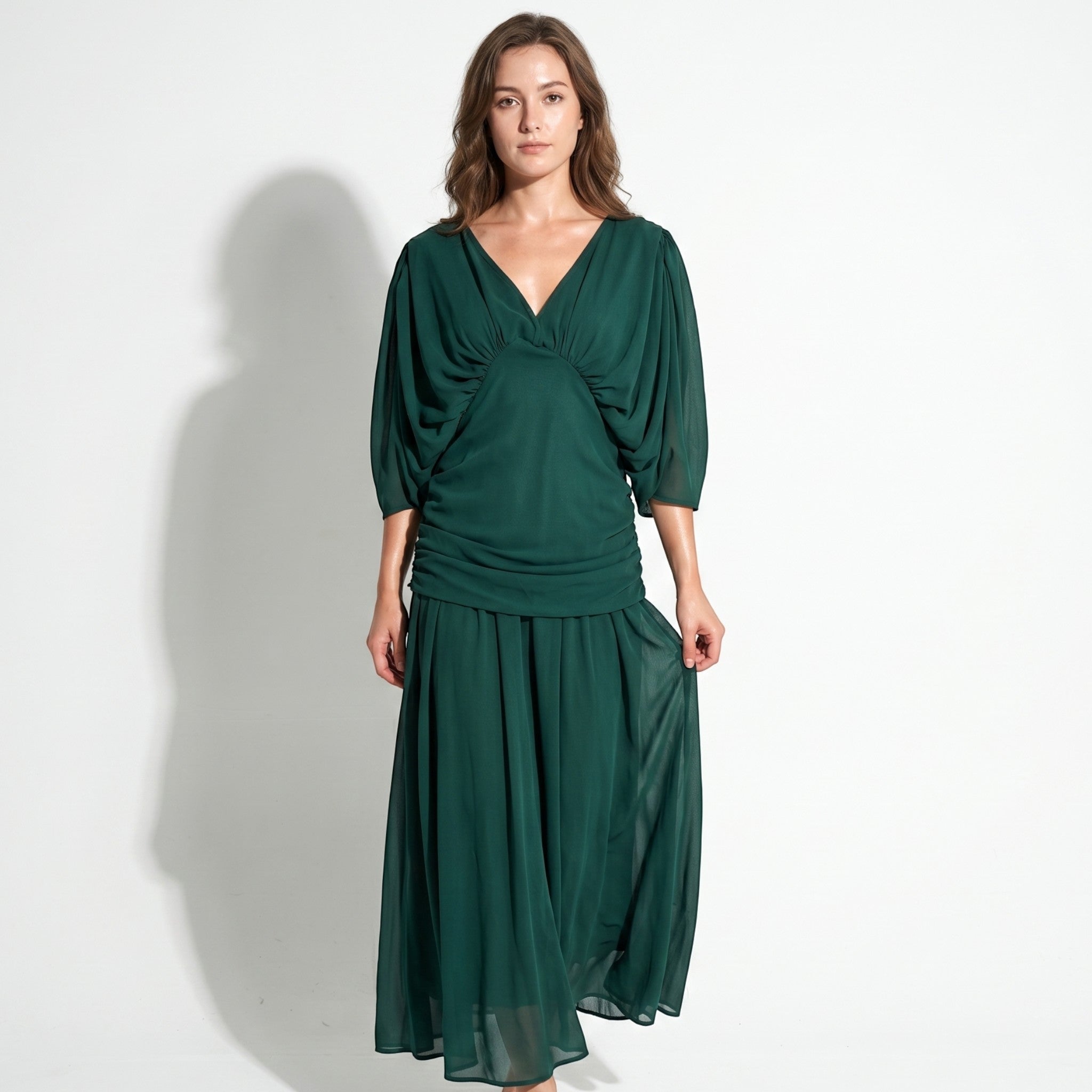 Clara - Women's Off - Shoulder Ruched Evening Maxi Dress - Maxi Dress - Green - Taylor & Bennett