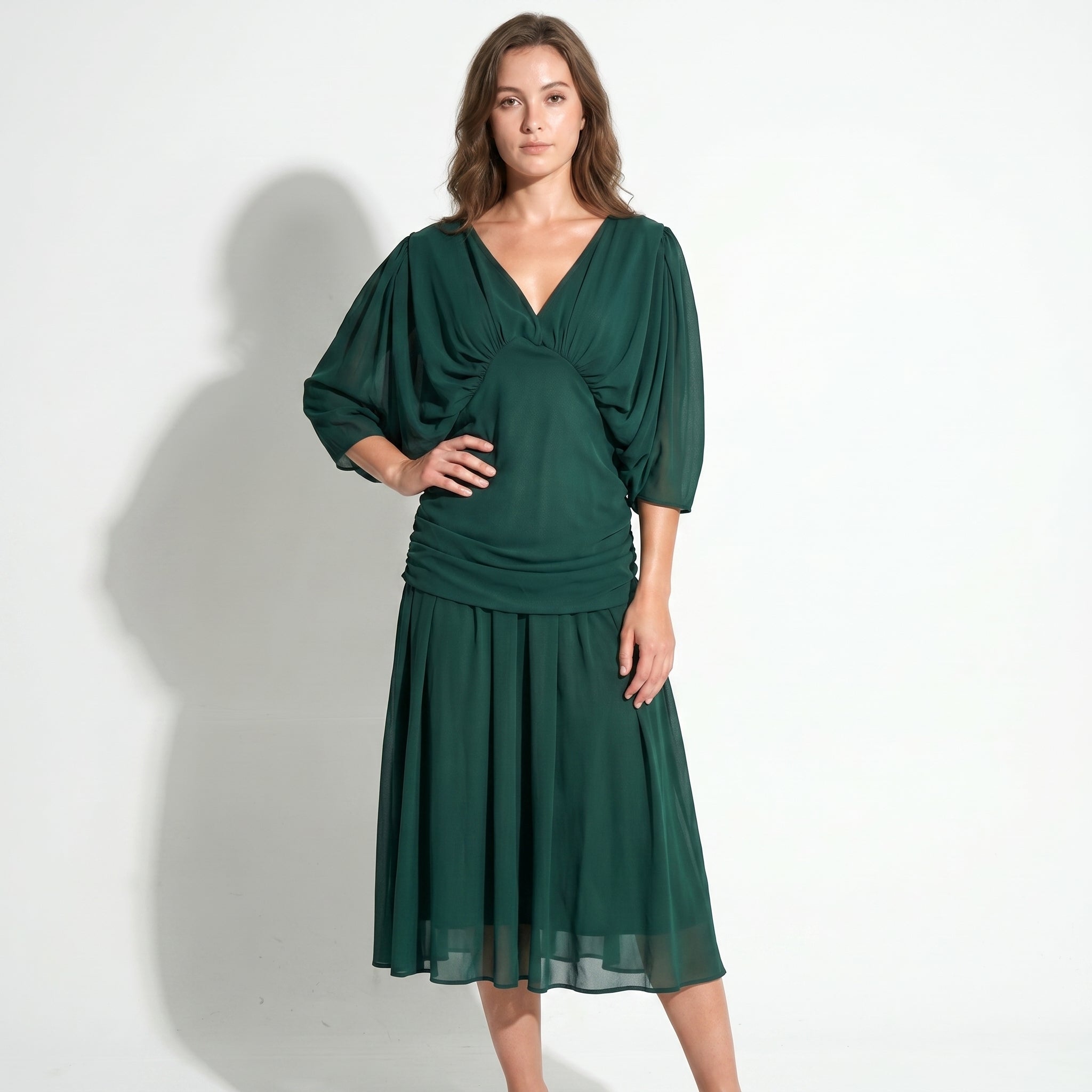 Clara - Women's Off - Shoulder Ruched Evening Maxi Dress - Maxi Dress - Green - Taylor & Bennett