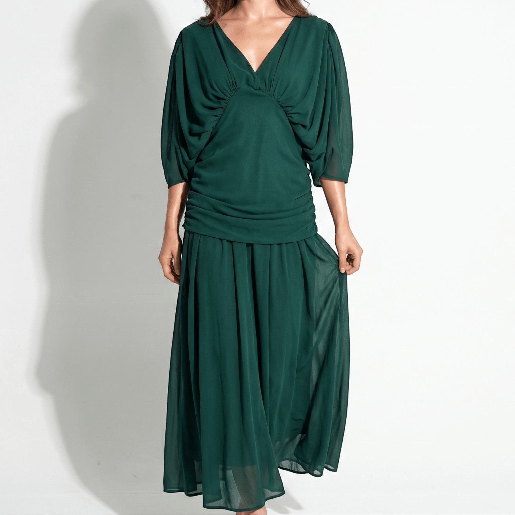 Clara - Women's Off - Shoulder Ruched Evening Maxi Dress - Maxi Dress - Green - Taylor & Bennett