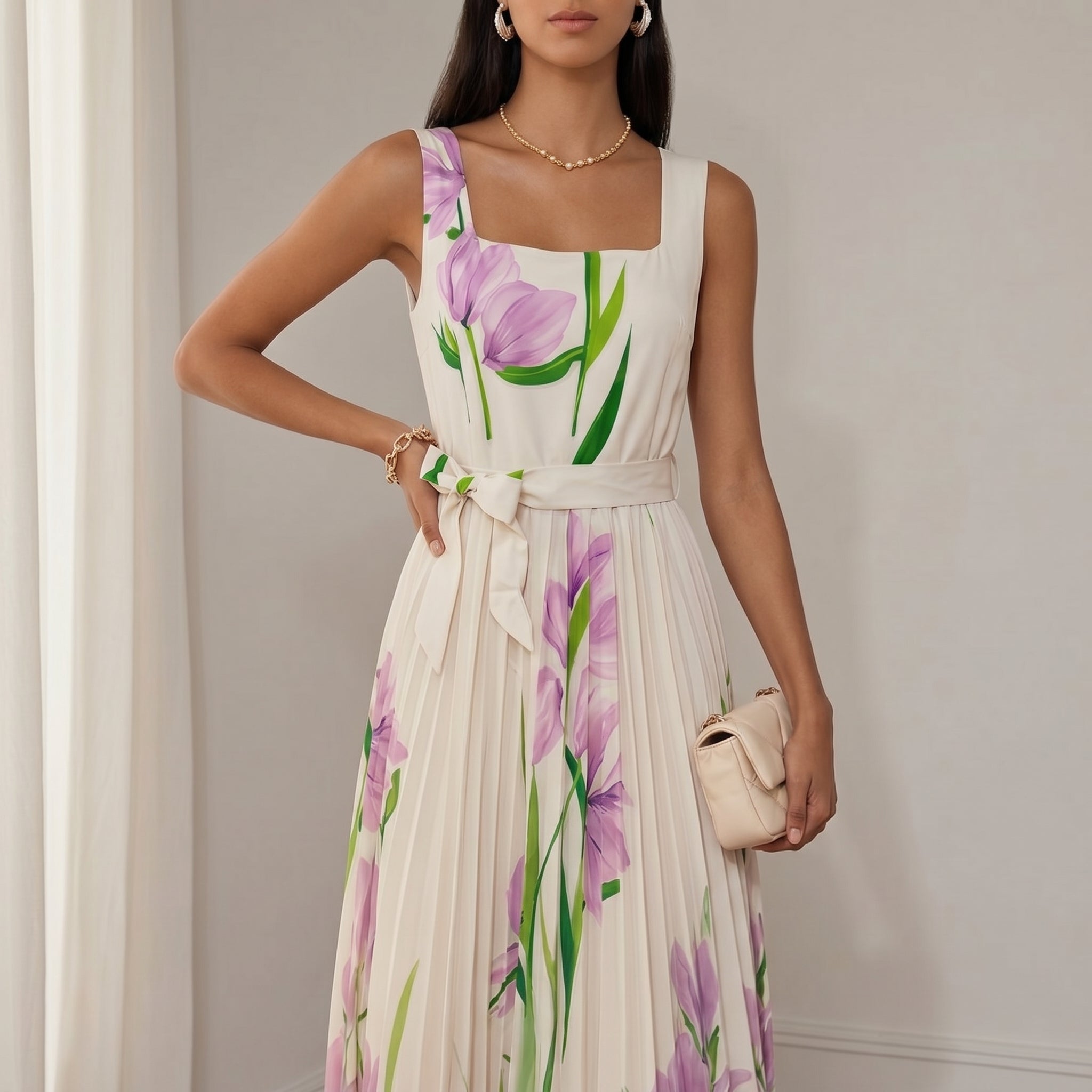 Clara - Women's Party Floral Pleated Maxi Dress - Maxi Dress - Purple - Taylor & Bennett