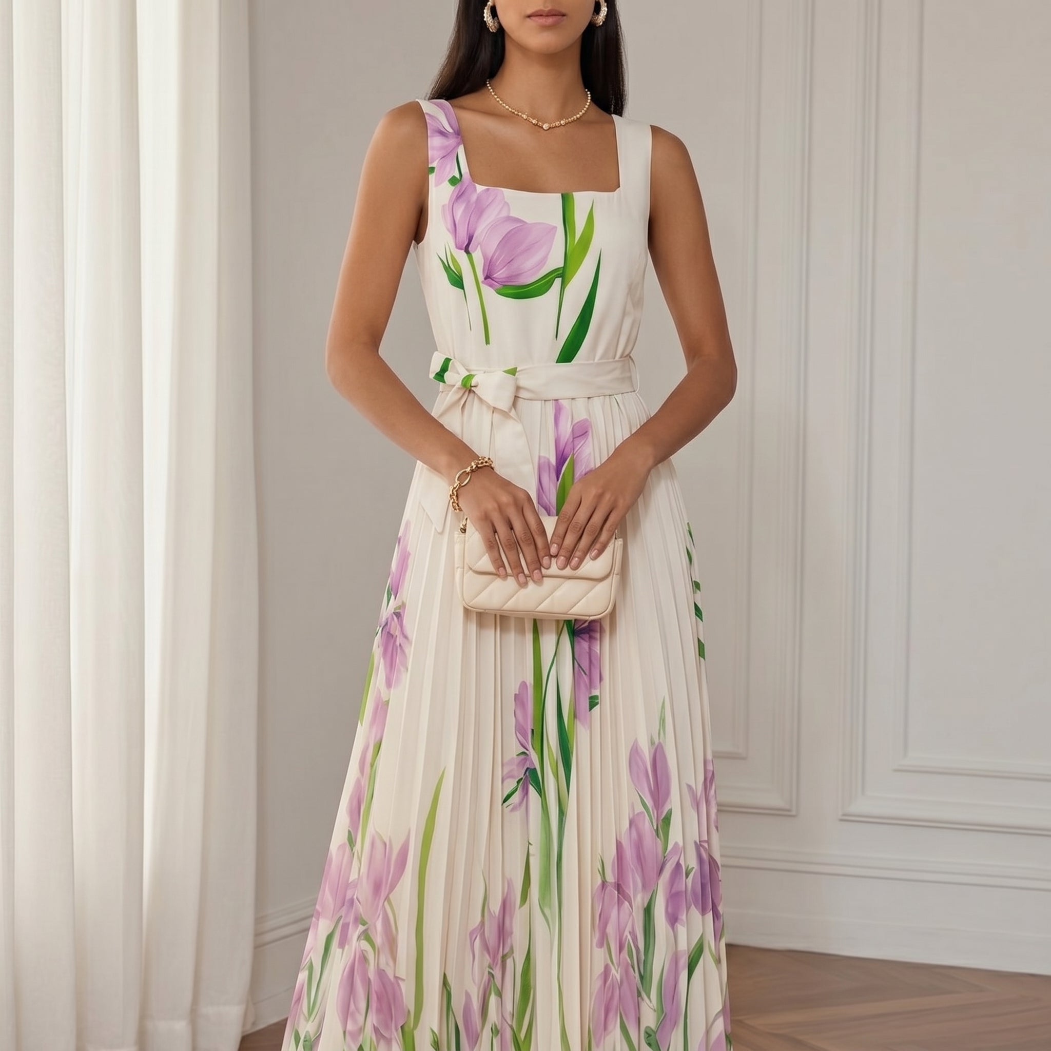 Clara - Women's Party Floral Pleated Maxi Dress - Maxi Dress - Purple - Taylor & Bennett