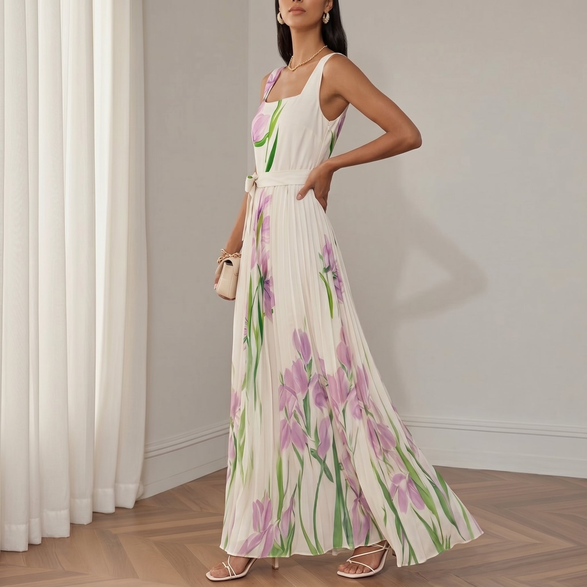 Clara - Women's Party Floral Pleated Maxi Dress - Maxi Dress - Purple - Taylor & Bennett