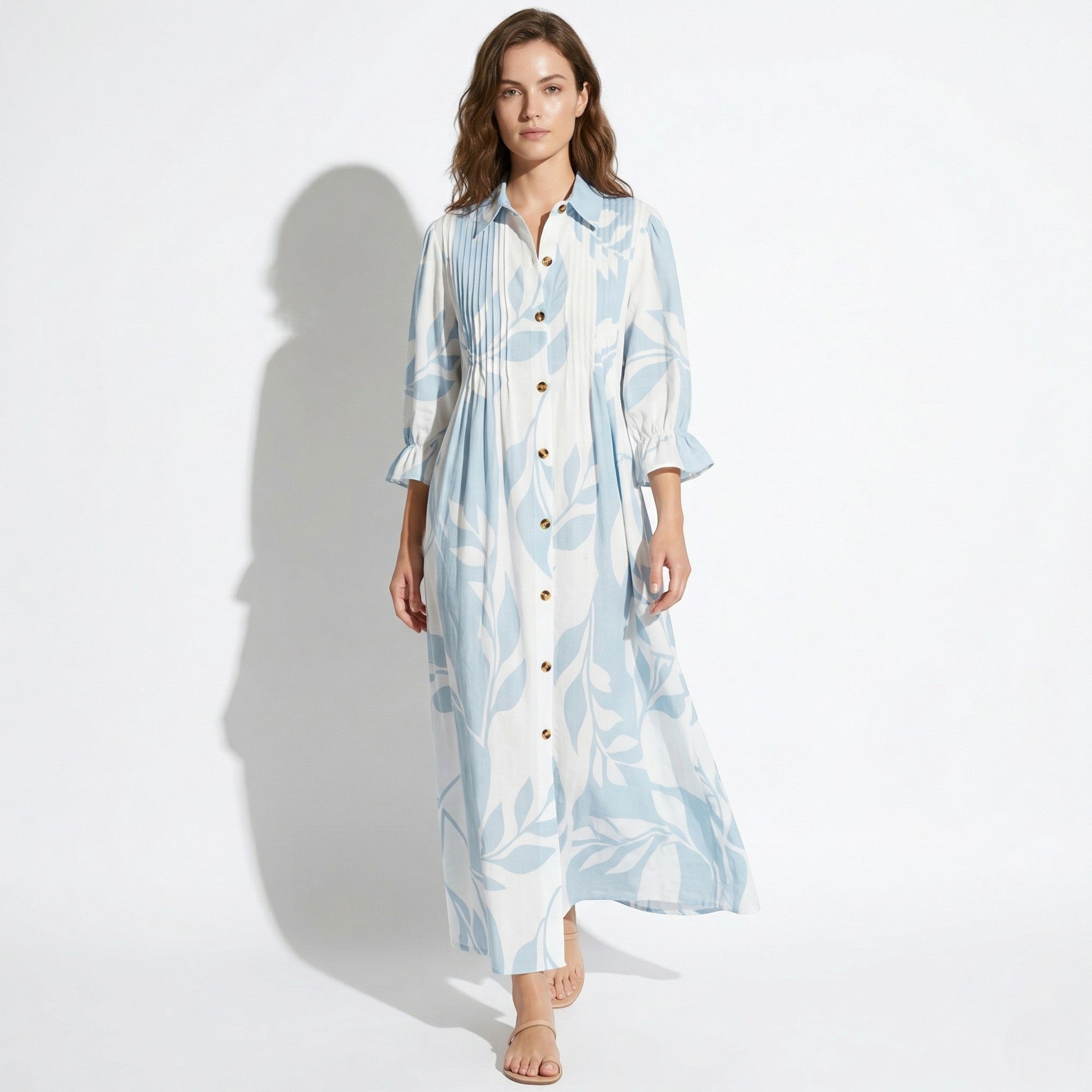 Clara - Women's Printed Maxi Shirt Dress - Midi Dresses - Blue - Taylor & Bennett