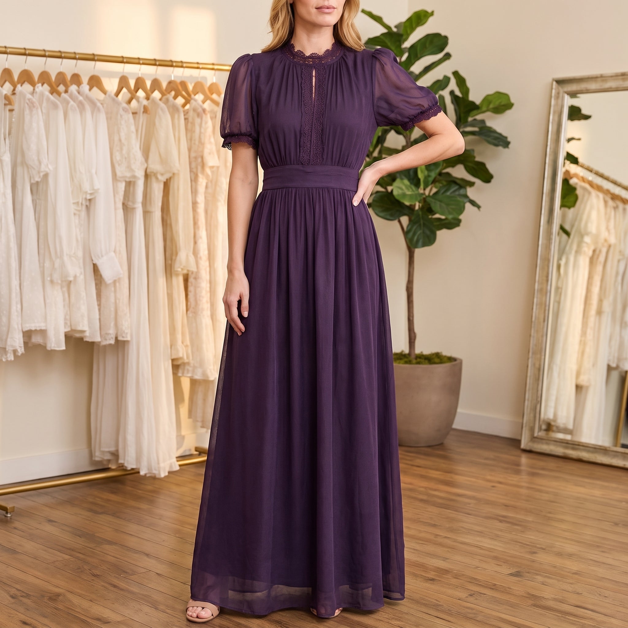 Clara – Women's Summer Lace Trim Puff Sleeve Maxi Dress - Dresses - Violet - Taylor & Bennett