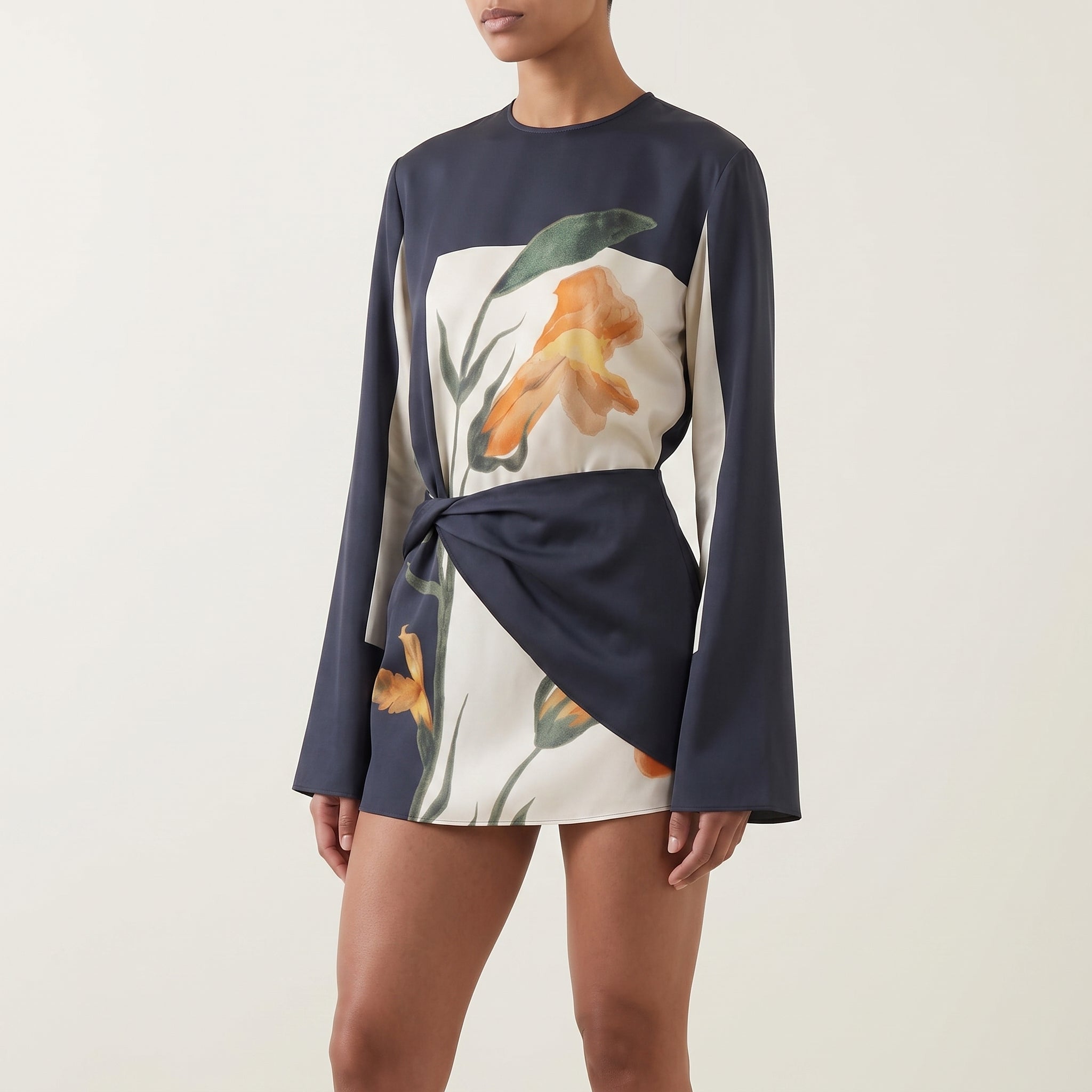 Clara - Women's Summer Long Sleeve Graphic Print Mini Dress - Mini Dress - Gray - Taylor & Bennett