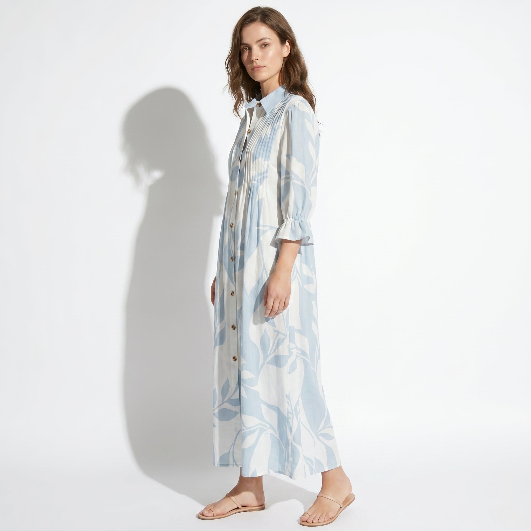 Clara - Women's Summer Pleated Button - Up Maxi Dress - Dress - Blue - Taylor & Bennett