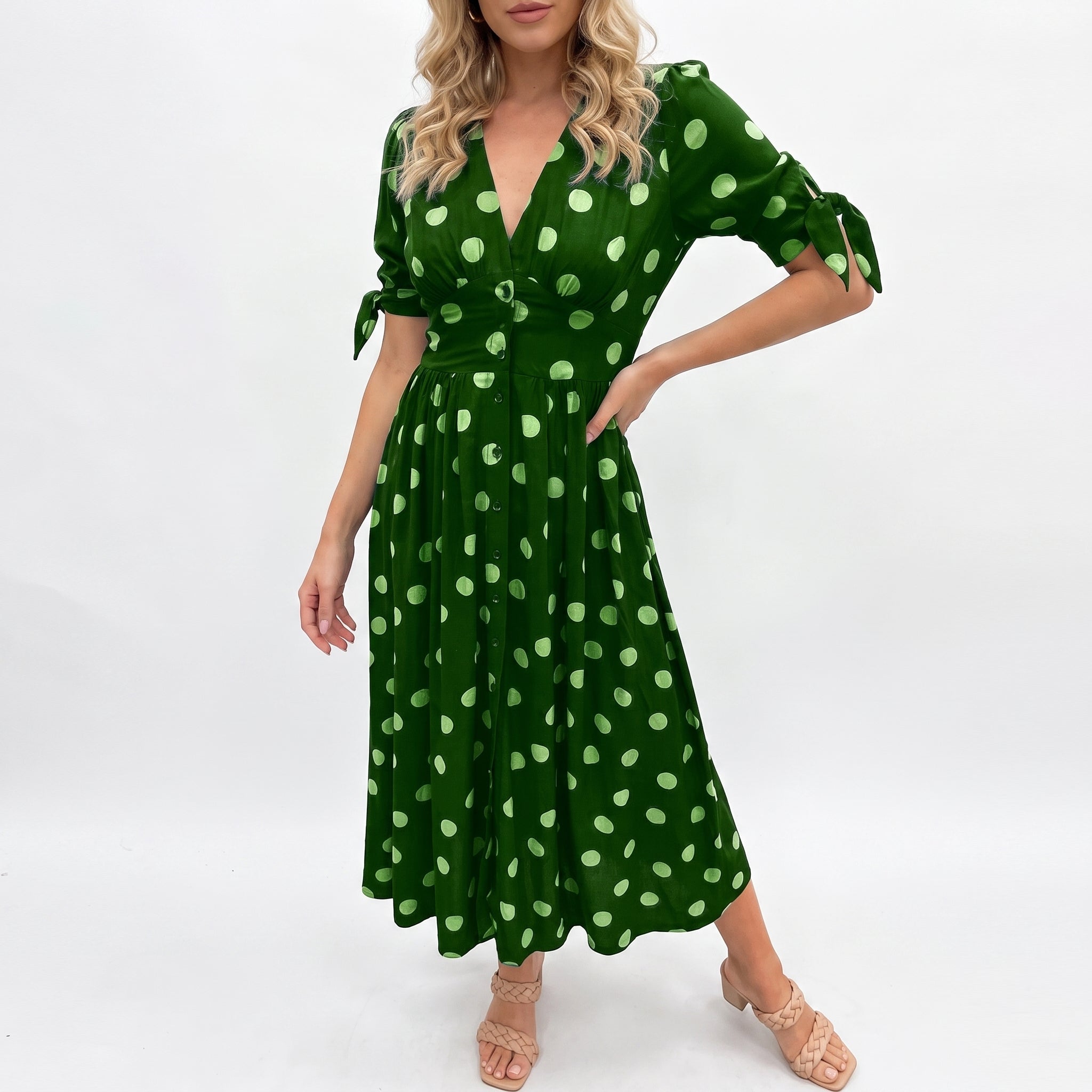Clara - Women's Summer Polka Dot Button-Front Midi Dress - Dresses - Green - Taylor & Bennett