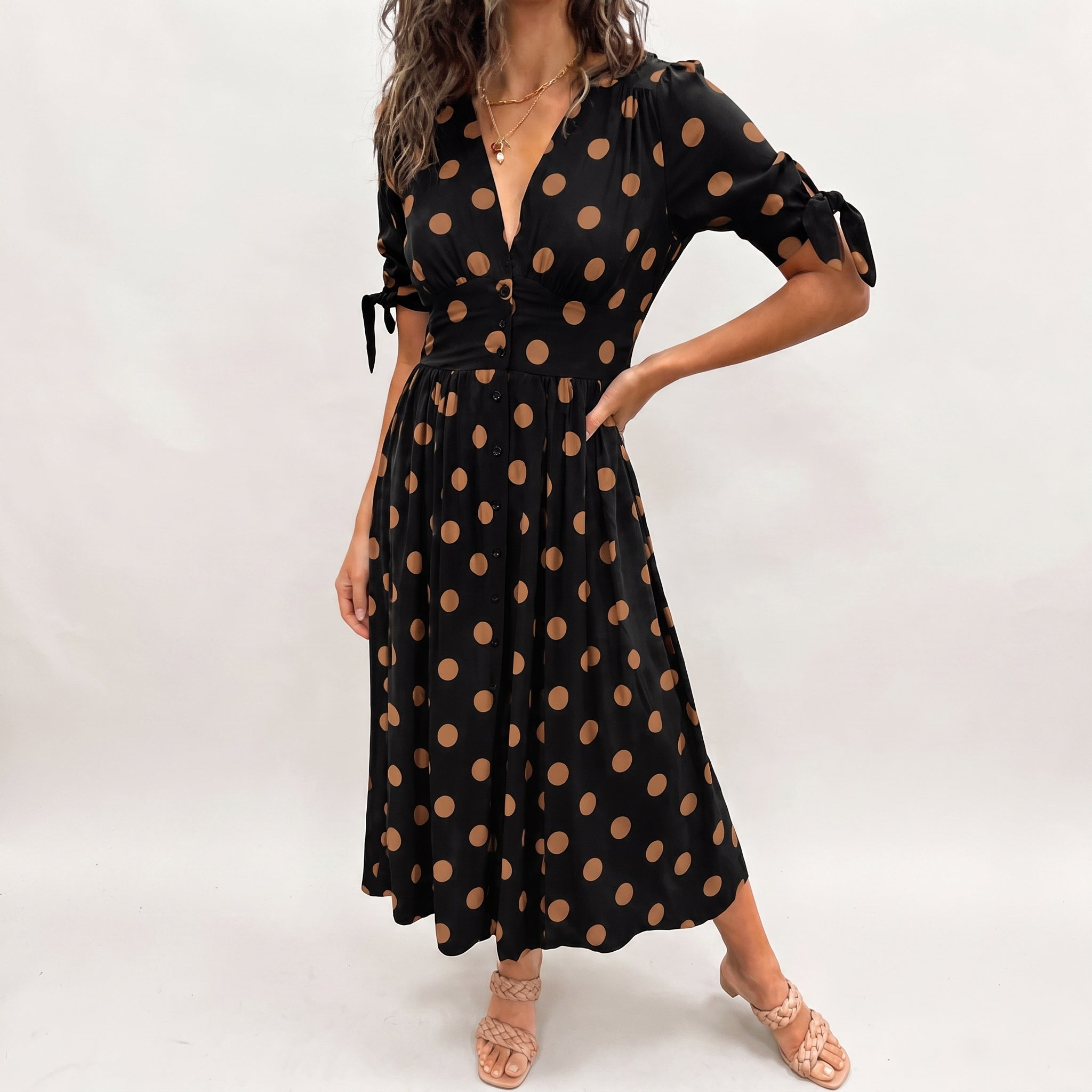 Clara - Women's Summer Polka Dot Button-Front Midi Dress - Dresses - Black - Taylor & Bennett