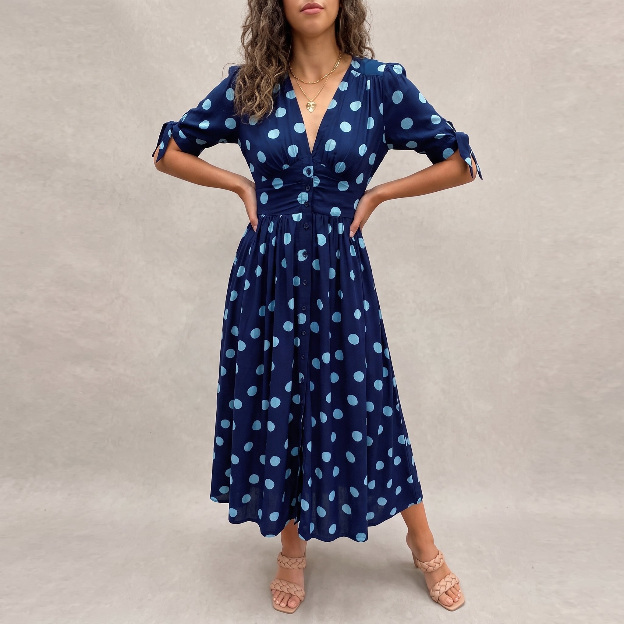 Clara - Women's Summer Polka Dot Button-Front Midi Dress - Dresses - Blue - Taylor & Bennett