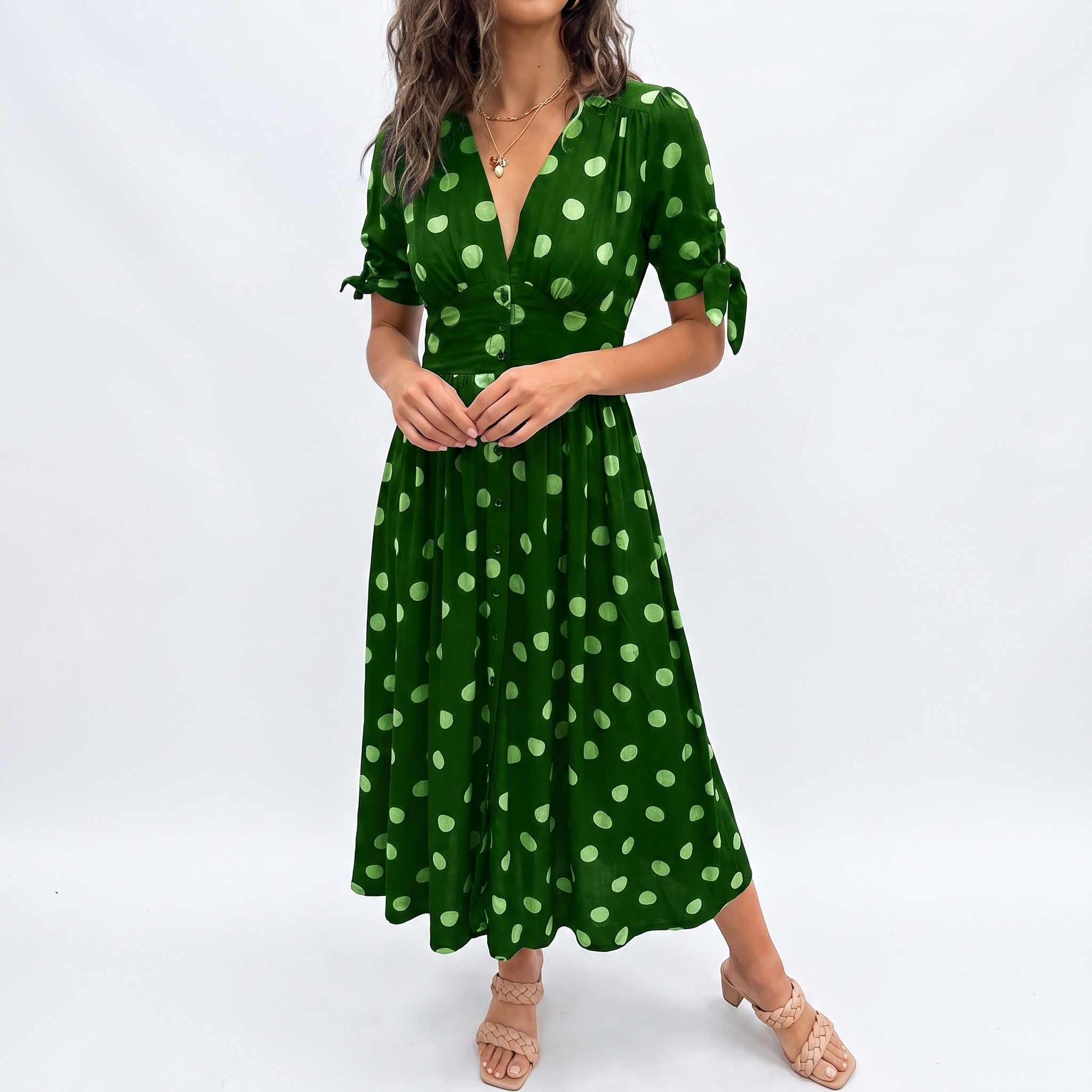Clara - Women's Summer Polka Dot Button-Front Midi Dress - Dresses - Green - Taylor & Bennett