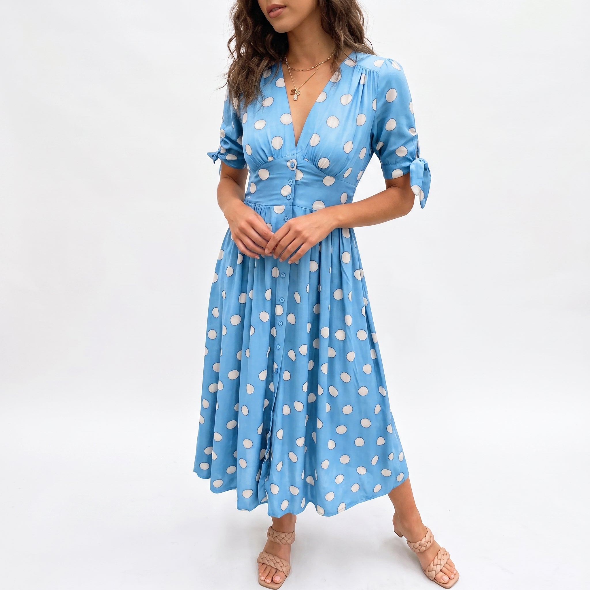 Clara - Women's Summer Polka Dot Button-Front Midi Dress - Dresses - Sky Blue - Taylor & Bennett