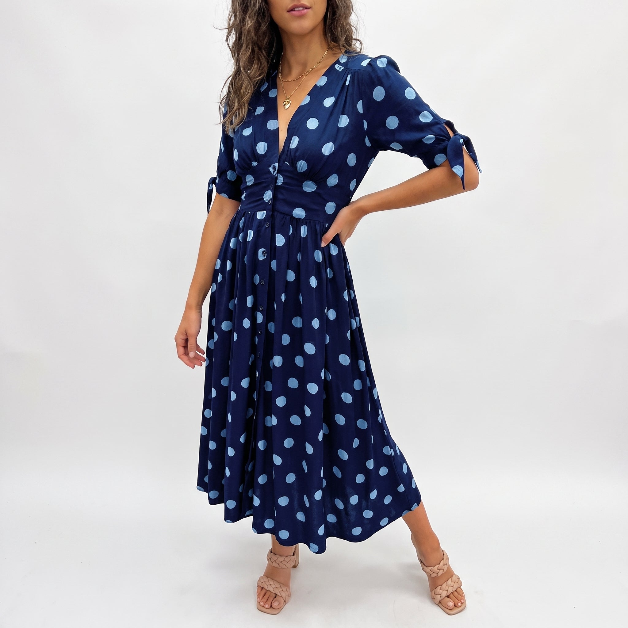 Clara - Women's Summer Polka Dot Button-Front Midi Dress - Dresses - Blue - Taylor & Bennett